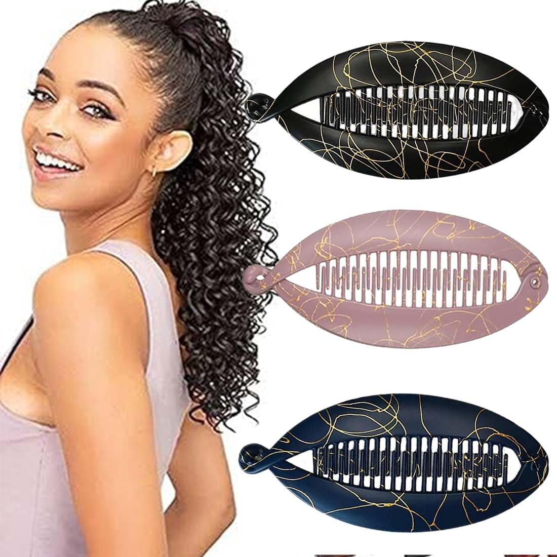 XUZOPIM Pack of 3 Banana Clips Vintage Fishtail Hair Clips Banana Hair Clips Flexible Hair Clips for Thick Hair Ideal for Ponytail and Updo Hairstyles for Women Long Curly and Straight Hair image number 1