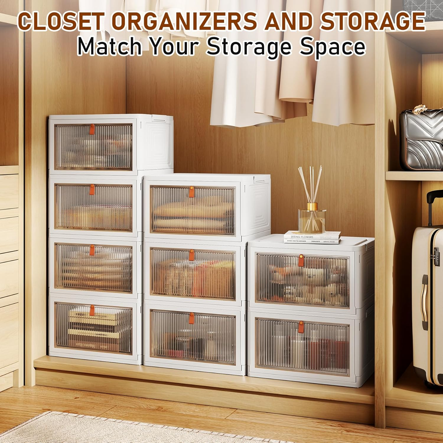 4 Tier Stackable Plastic Storage Bins with Lid and Wheels - 23 QT Closet Organizers and Storage, Foldable Storage Containers, Organization and Storage Boxes for Craft, Home, Pantry, Office, Dorm