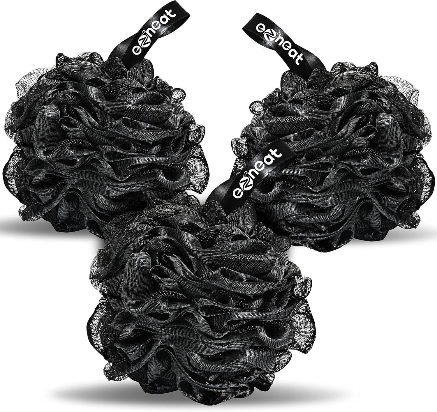 Ezneat Loofah Shower Puff 3Pcs - Ultra Soft Mesh Bath Sponges for Adults Exfoliating, Scrubbing and Cleaning - Body Scrubbers for Use in Shower - Black image number 4