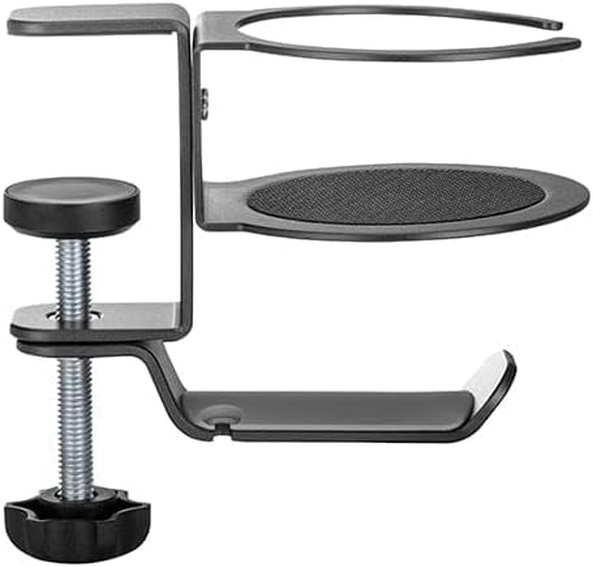 Desky Desk Drink & Headphone Holder &ndash; Clamp-On Dual Cup Holder with Headset Hanger, under Desk Mount, Space-Saving Steel Organizer for Gaming & Office Setup - Space Grey