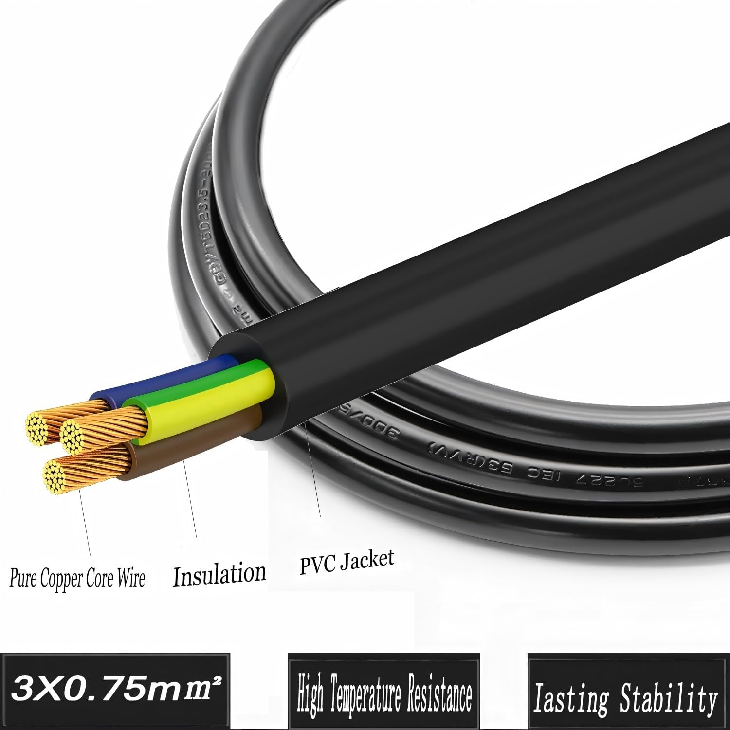 1.5M Australian Power Cord with 90 Degree Left Angle IEC 320 C13 Plug Connector - Pure Copper Material, Black 3 Point Kettle Power Cable 10A/250V image number 2