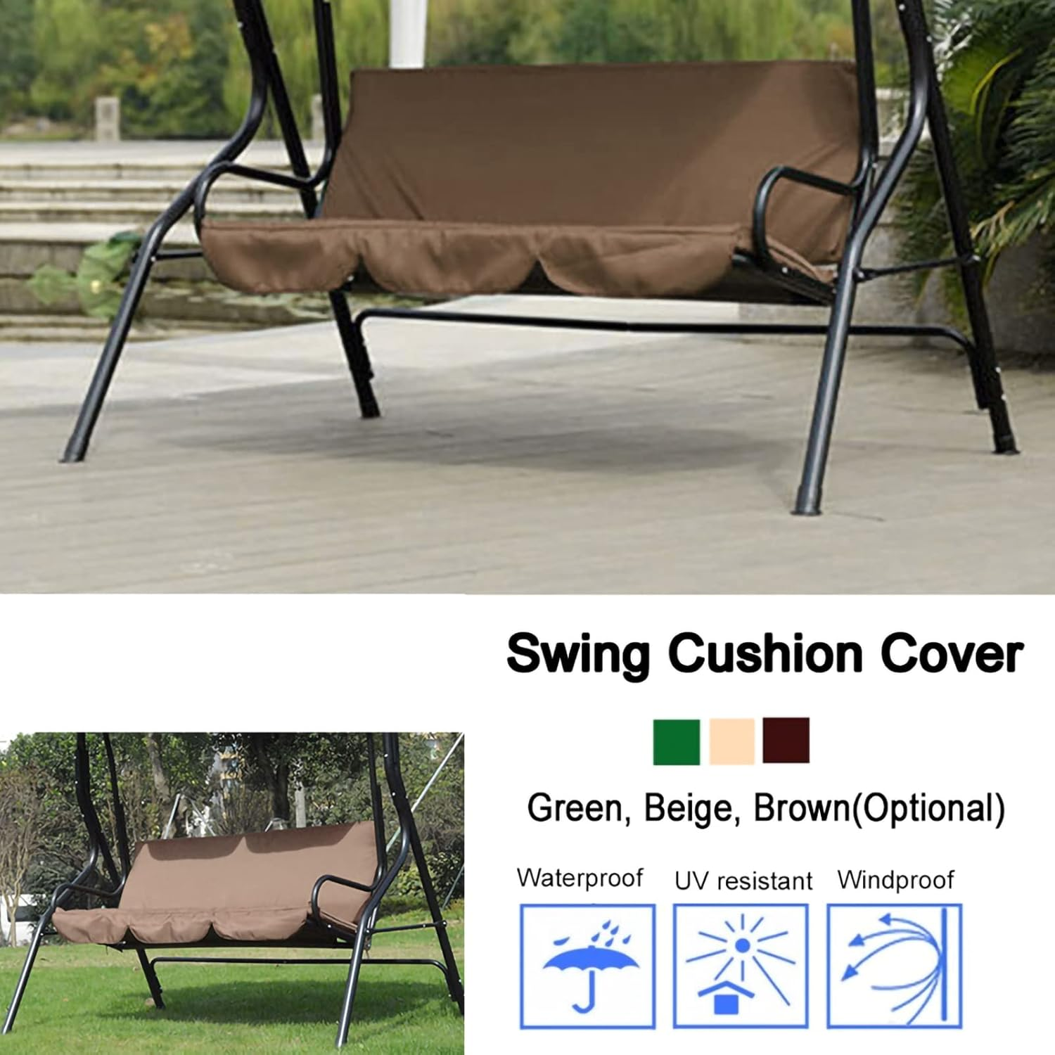 Bench Cushion Cover, 59.1X19.7X3.9In Outdoor Cushions, Waterproof Swing Cushion, Swing Seat Cushion Cover Replacement, 3 Seat Swing Chair Swing Hammock Protector (Coffee) - Green image number 3