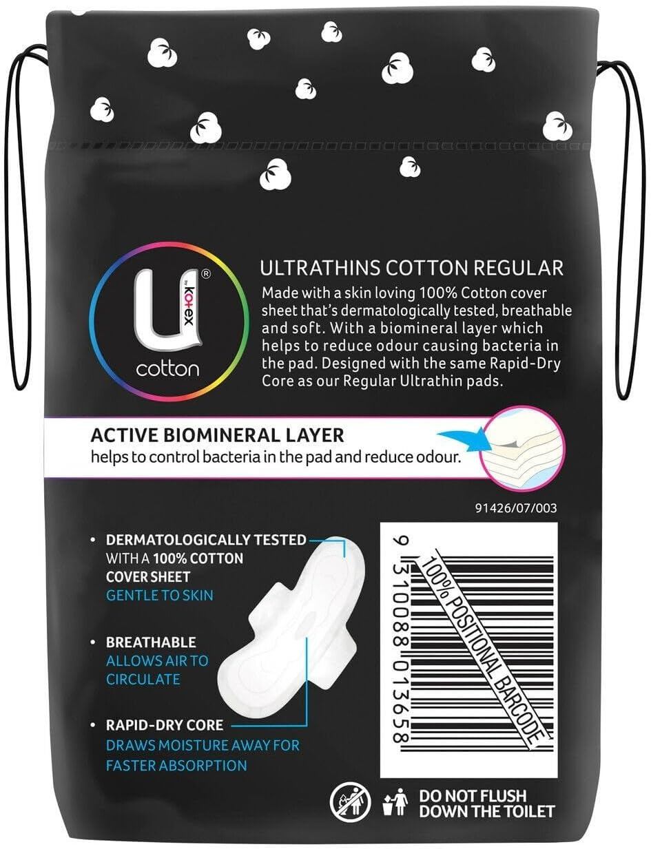 U by Kotex Cotton Ultrathin Pads Regular 12 Pack