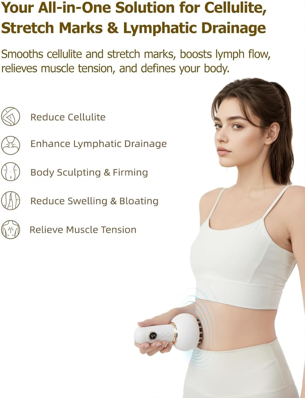 Lymphatic Drainage Massager, anti Cellulite Massage Tool, Helps Reduce Stretch Marks Cellulite, for Legs, Arms, Belly, Body Sculpting Machine with Microcurrent, Light, Heat Vibration, USB Charging (White) - White image number 5
