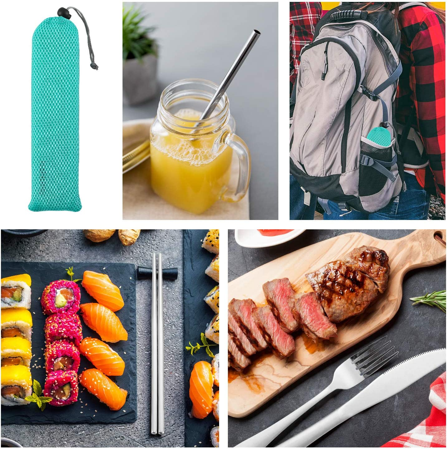 NAMUPIE Stainless Steel Travel Utensil Set 9 Piece Reusable Travel Utensils Silverware with Case,Travel Camping Cutlery Set, Knives, Forks and Chopsticks for Camping, Portable Flatware Cutlery Set with Case (GREEN)