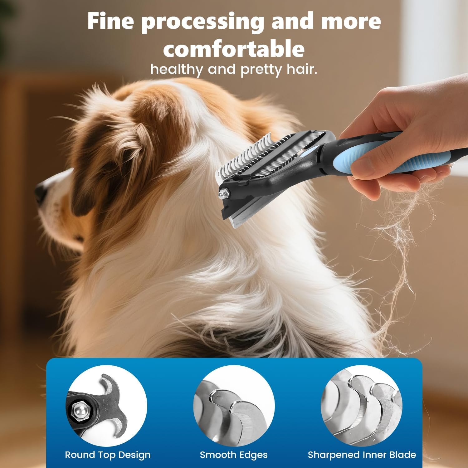 Yizhet Dog Brush & Cat Brush 3 in 1, Double-Sided Undercoat Brush with Blades 17+9, Undercoat Brush for Detangling & Tangling Dogs Cats with Long Hair, Thick Fur, Undercoat, Blue