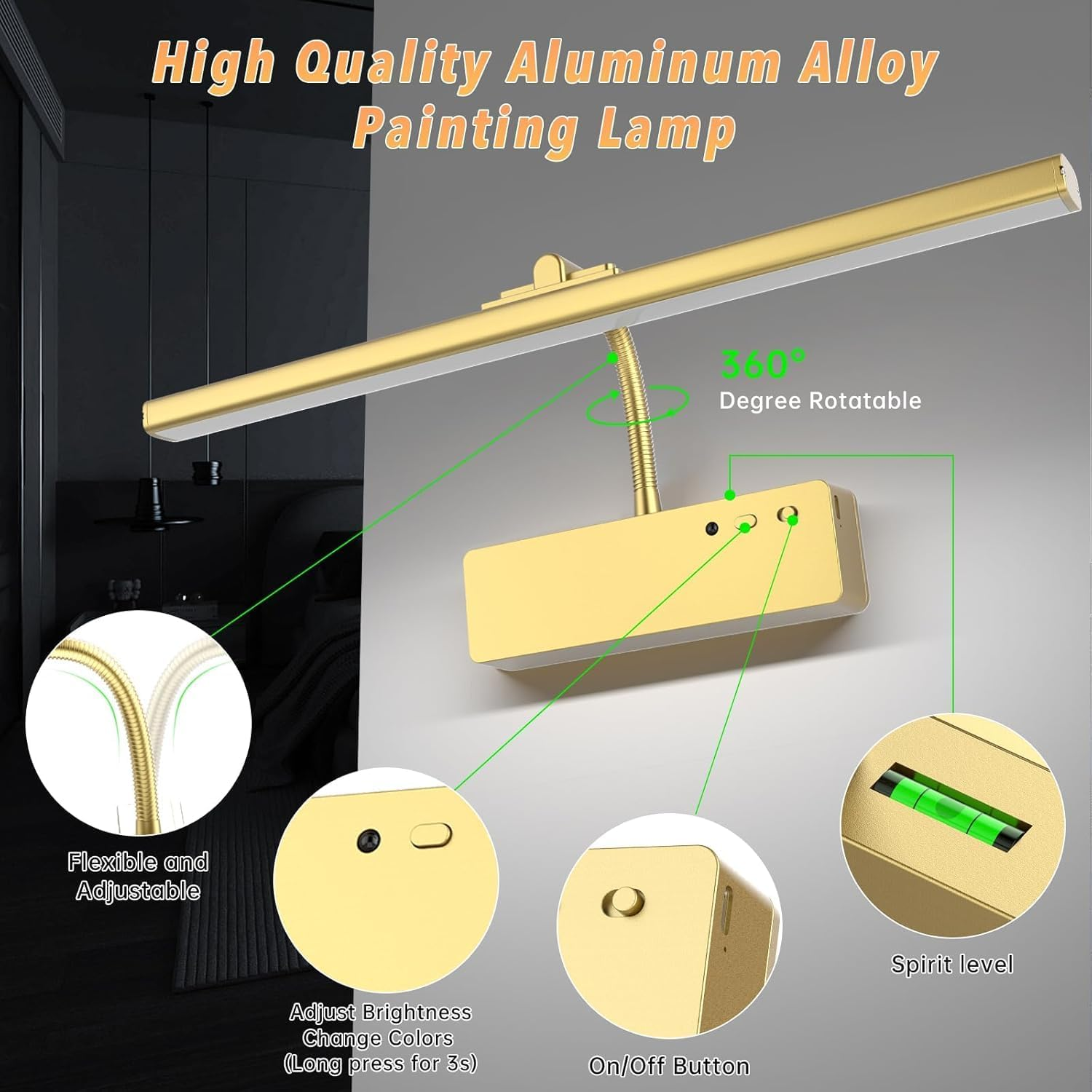 Picture Light,15.35Inch 5400Mah Rechargeable Picture Lights for Wall Battery Operated Wall Lights with Remote,3 Colors Paintings Light Dimmable Art Light for Artwork,Gallery (Gold) image number 1