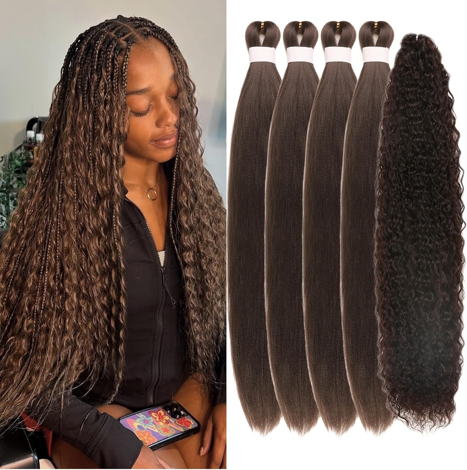 Dark Brown Braiding Hair Pre Stretched Knotless Mermaid Braiding Hair for Boho Braiding Deep Wace Colour 4 Micro Curl Boho Hair for Braiding (5 Packs) image number 4