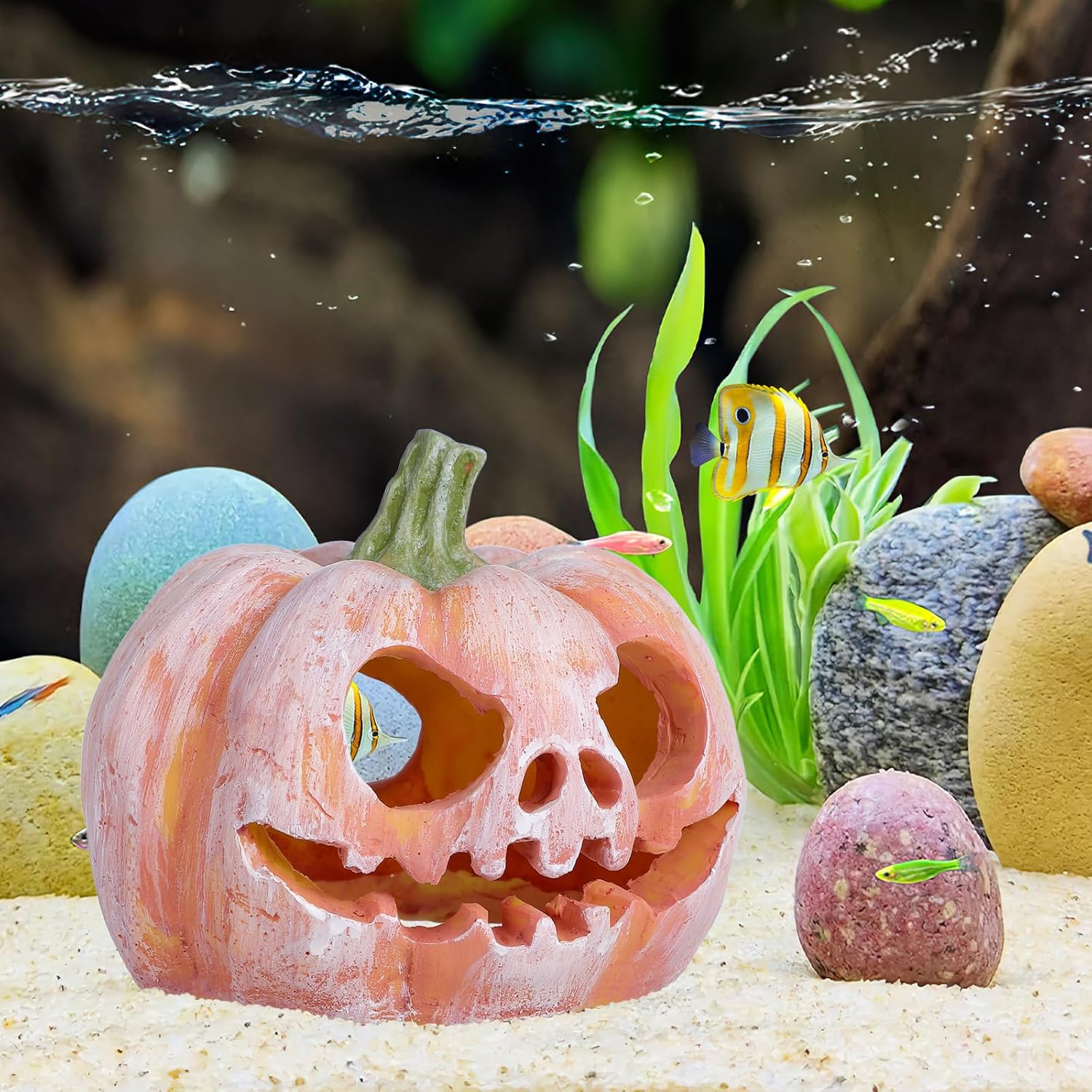 MHFOOU Halloween Fish Tank Decor, Small Resin Pumpkin Fish Hideout House Ornament, Halloween Aquarium Decorations for Aquarium Landscape, Small Fish, Shrimps, Frogs, Spider, 3.93X3.54X3.14 Inch image number 2