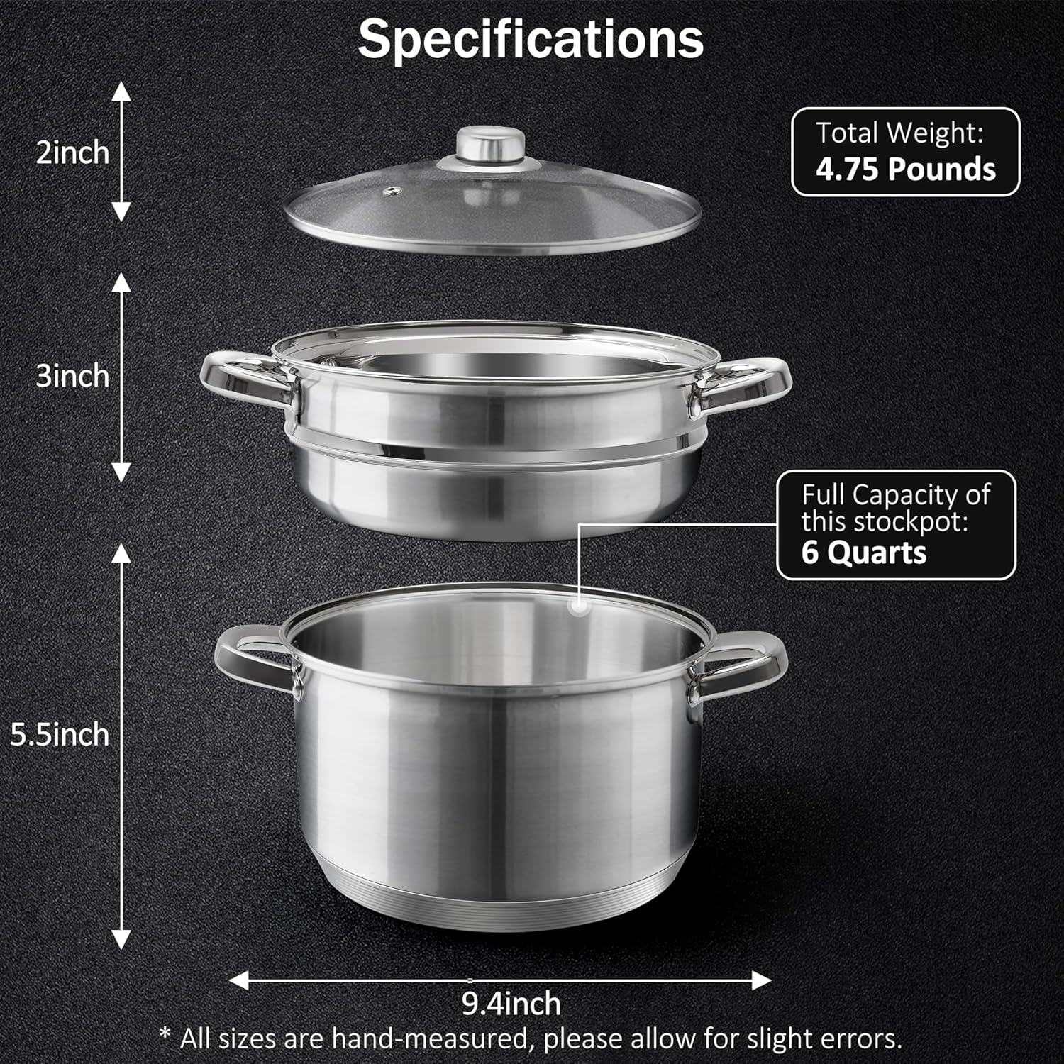ASKSCICI 6 Quart 18/10 Stainless Steel Tri-Ply Stockpot with Tempered Glass Lid, Multipurpose Steamer Insert Compatible with All Cooktops, Non-Toxic, Oven and Dishwasher Safe, Silver Steamer Pot image number 3