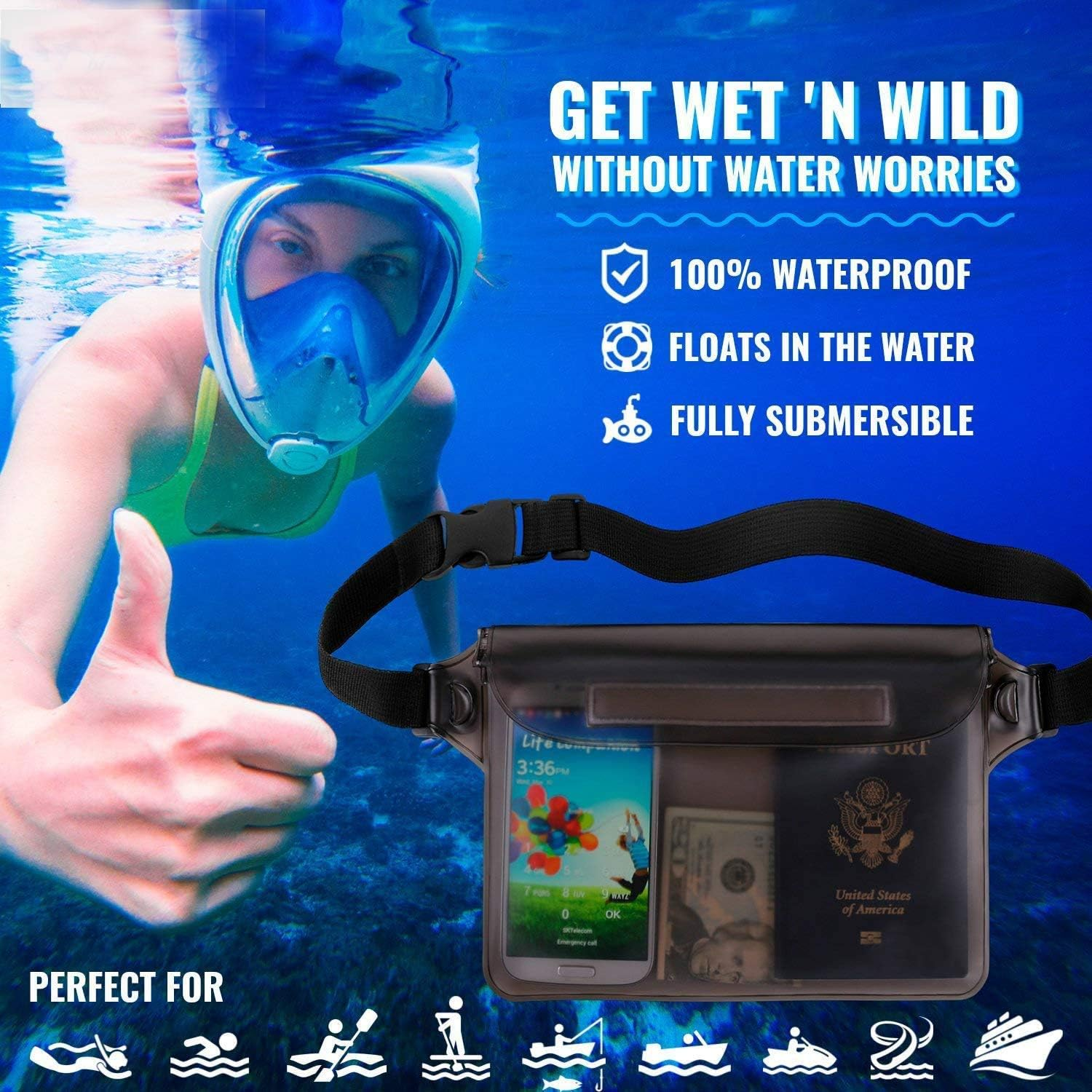 KINGDOO Waterproof Bags with Waist Shoulder Strap Best Dry Pouch Case to Keep Phone and Valuables Dry and Safe Perfect for Boating Swimming Snorkeling Kayaking Beach Water Parks&hellip; - Black image number 2