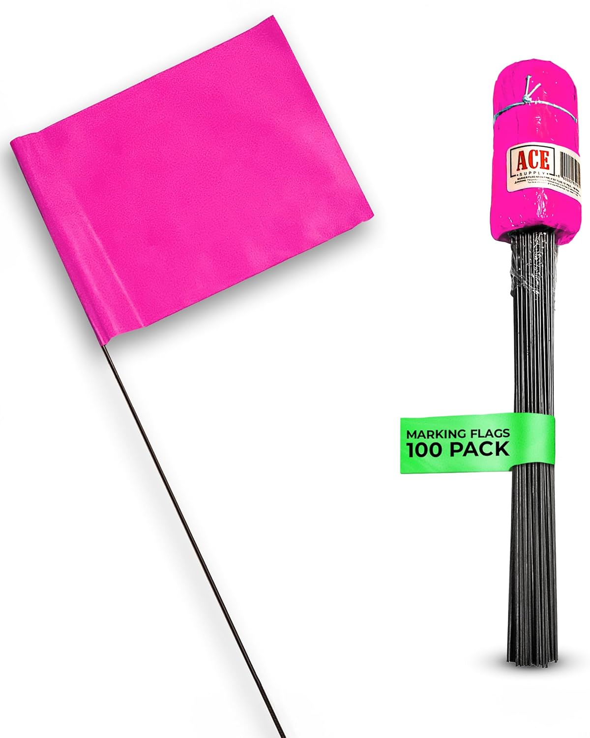 ACE Supply Pink Marking Flags 100 Pack - - 4X5-Inch Pink Flag on 15-Inch Wire - Small Yard Flags, Marker Flags for Lawn, Irrigation Flags, Lawn Flags Markers, Landscape Flags, Survey Flags, Sprinkler Flags, Compatible with Invisible Fence Flags image number 2