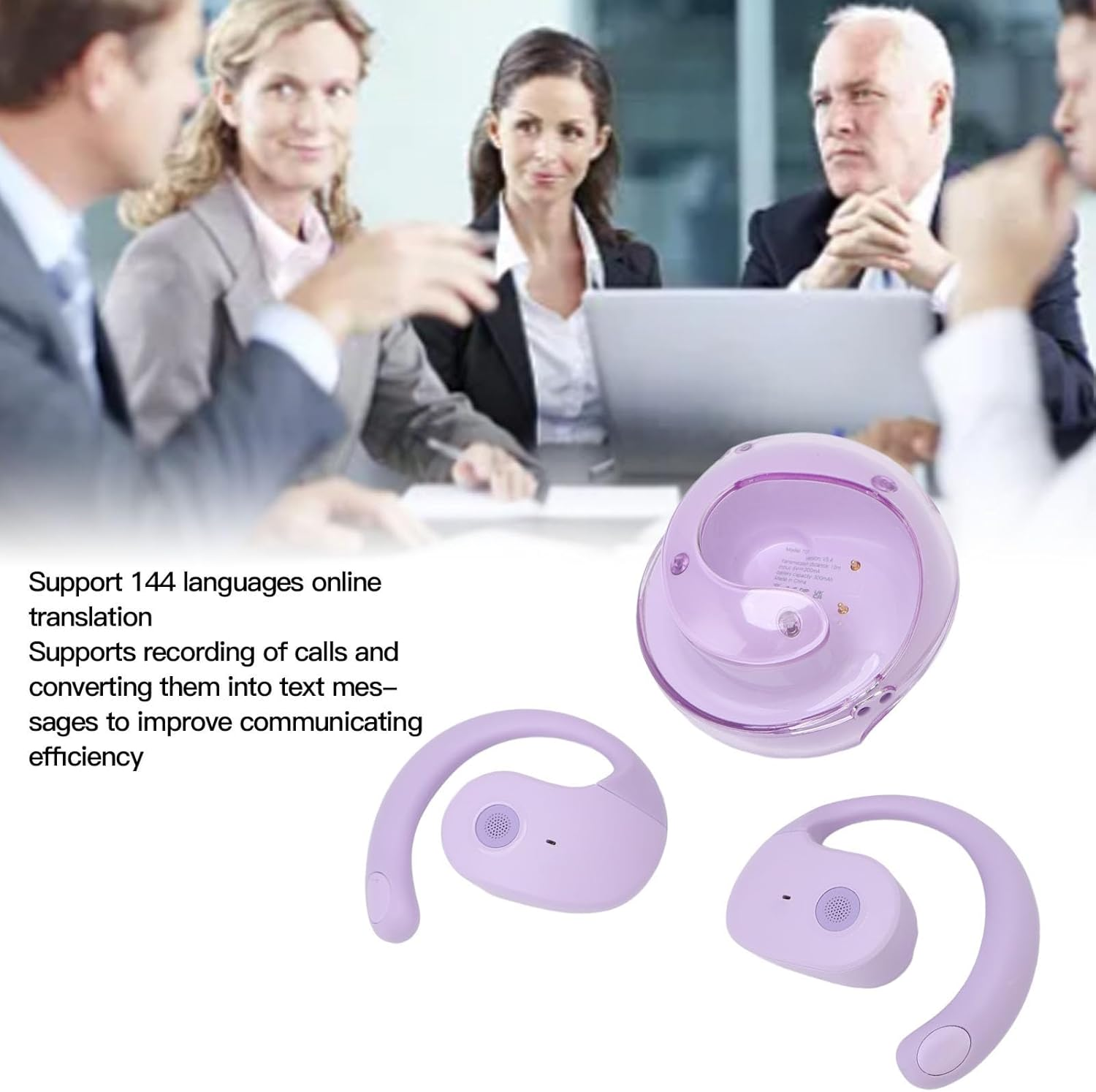 Pomya Language Translation Earbuds, Translator Earbuds Real Time, 144 Languages & Accents Online Translation Device with APP for Ios & Android, Bluetooth5.4 Wirelesss Clip on Earbuds, (Purple)