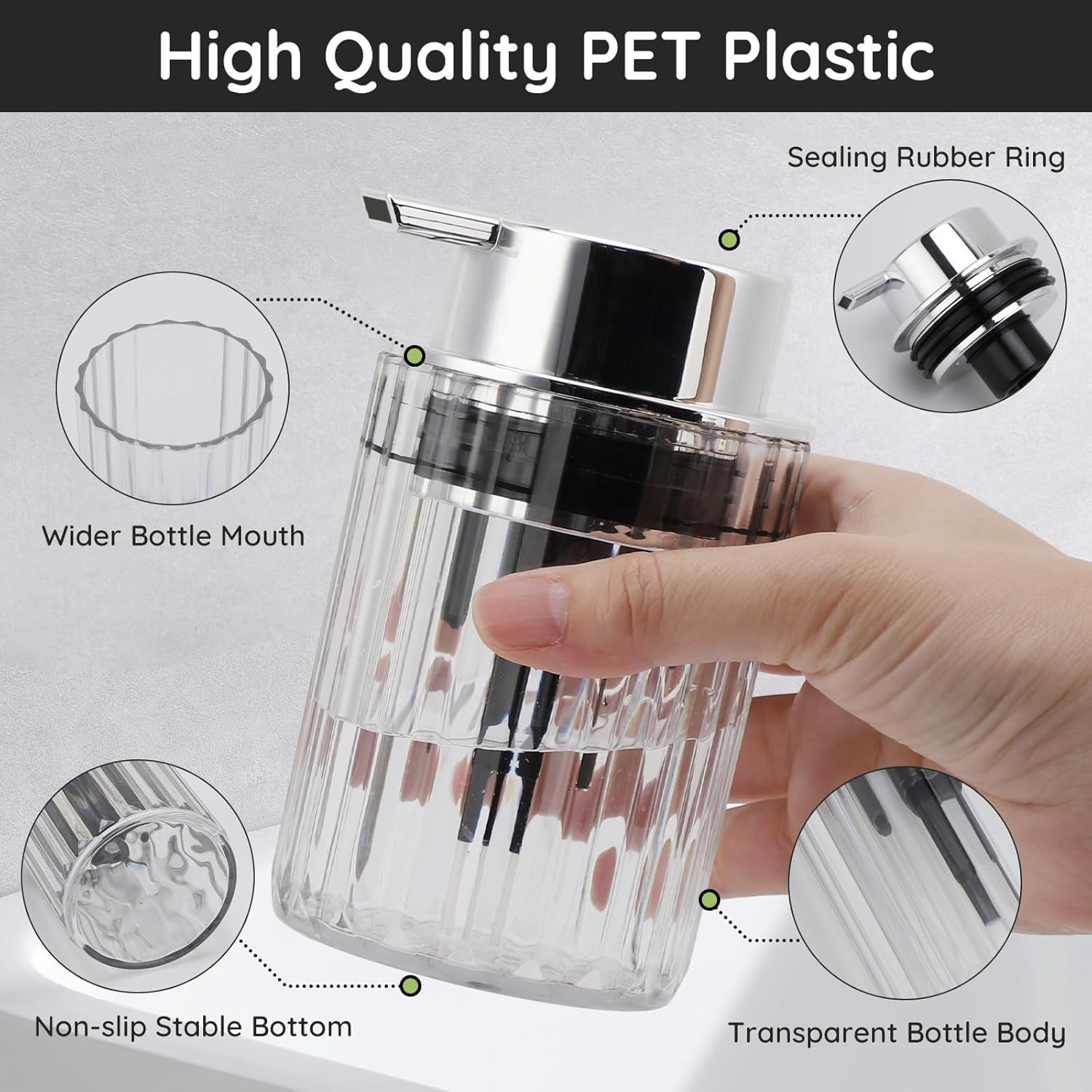 Foaming Hand Soap Dispenser Clear, Refillable Plastic Soap Dispenser Pump Bottle, 250Ml Empty Foam Soap for Bathroom Kitchen Counter Decor (Transparent Silver, One Size) image number 3