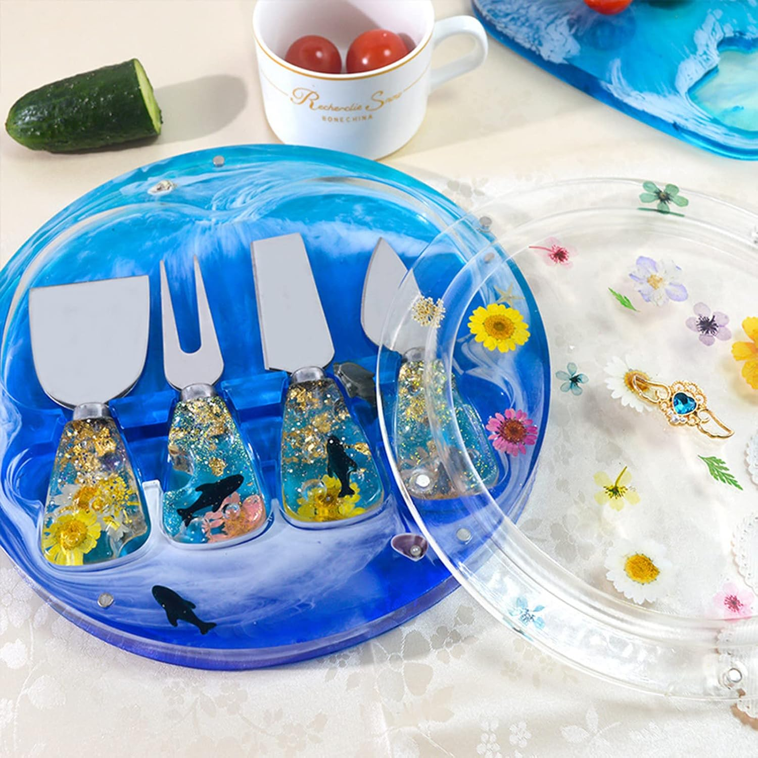 Charcuterie Board Resin Knife Base Handle Mold Collection,3Pcs Handle with 5Pcs Blade Resin Casting Mold for DIY Cutlery Handle Epoxy Resin Mold (5PCS Tableware)