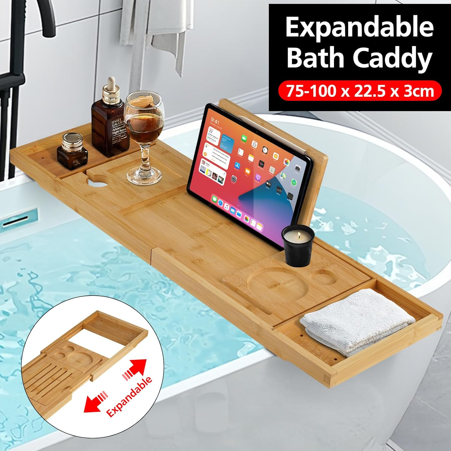 Bath Caddy Tray for Bathtub, Bathroom Bathtub Tray with Table Holder - Birthday Gifts for Women, Warming Gifts, Adjustable Bath Tray Bamboo Bathroom Accessories (Natural)