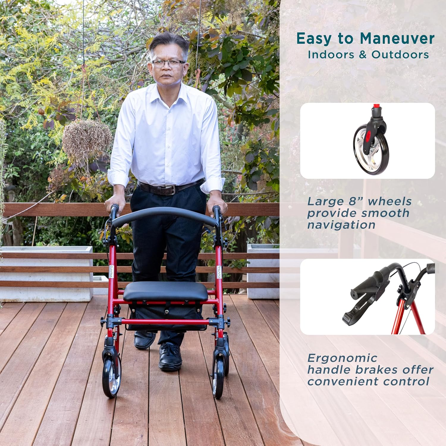 Australia Rollator| Classic 4 Wheel Walkers with Seat and Brakes for Seniors, Rollator Walker with Seat, Backrest, Basket, Large Wheels- Easy Folding Senior Walker Lightweight Mobility Walking Aid, Support up to 136 Kg R3 BL (RED) - Red image number 5