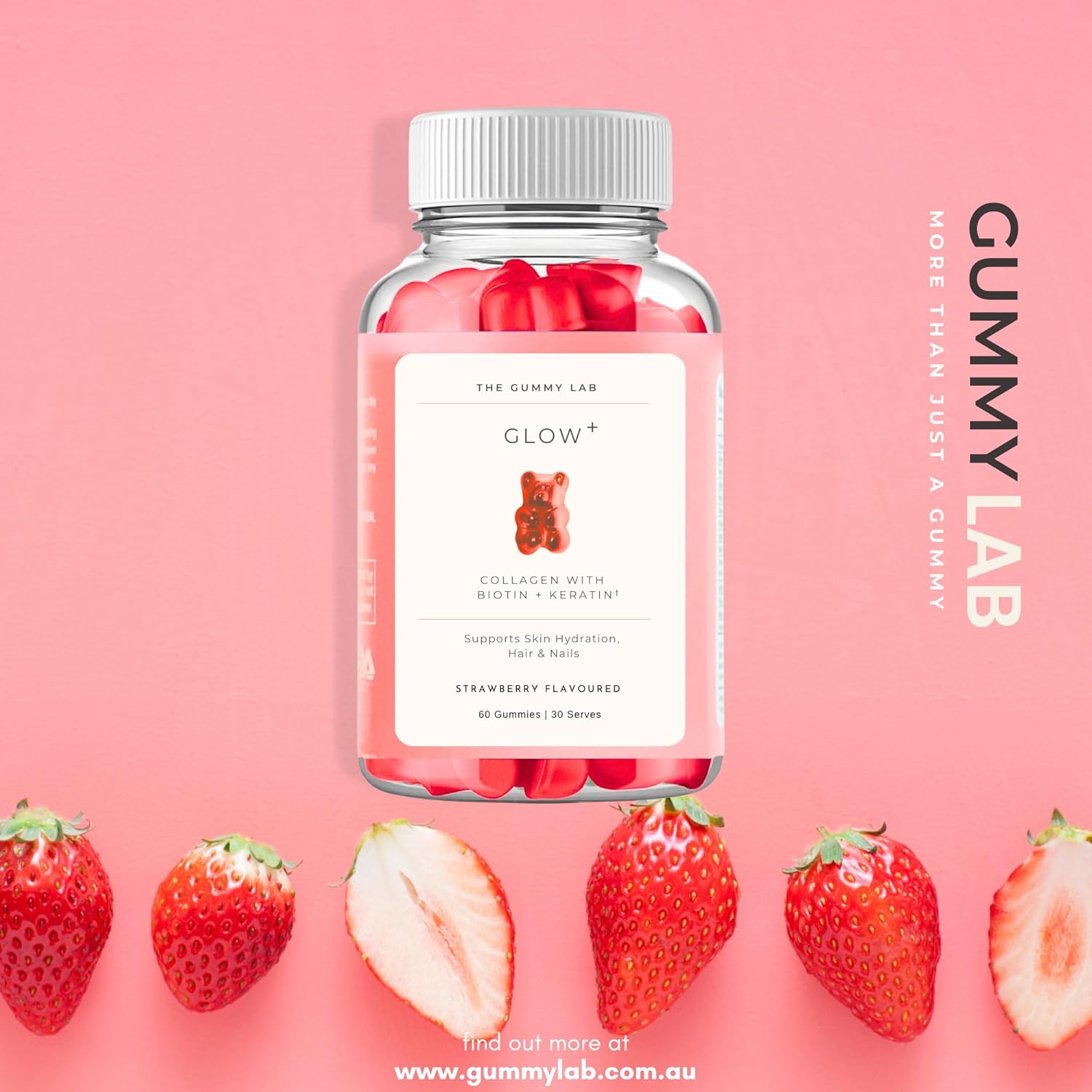 Glow+ Collagen Gummies - 1000Mg Hydrolyzed Marine Collagen with Biotin, Hydrolyzed Keratin, Hyaluronic Acid & Vitamins for Skin, Hair, Nails & Joints - 60 Strawberry - Flavored Gummies