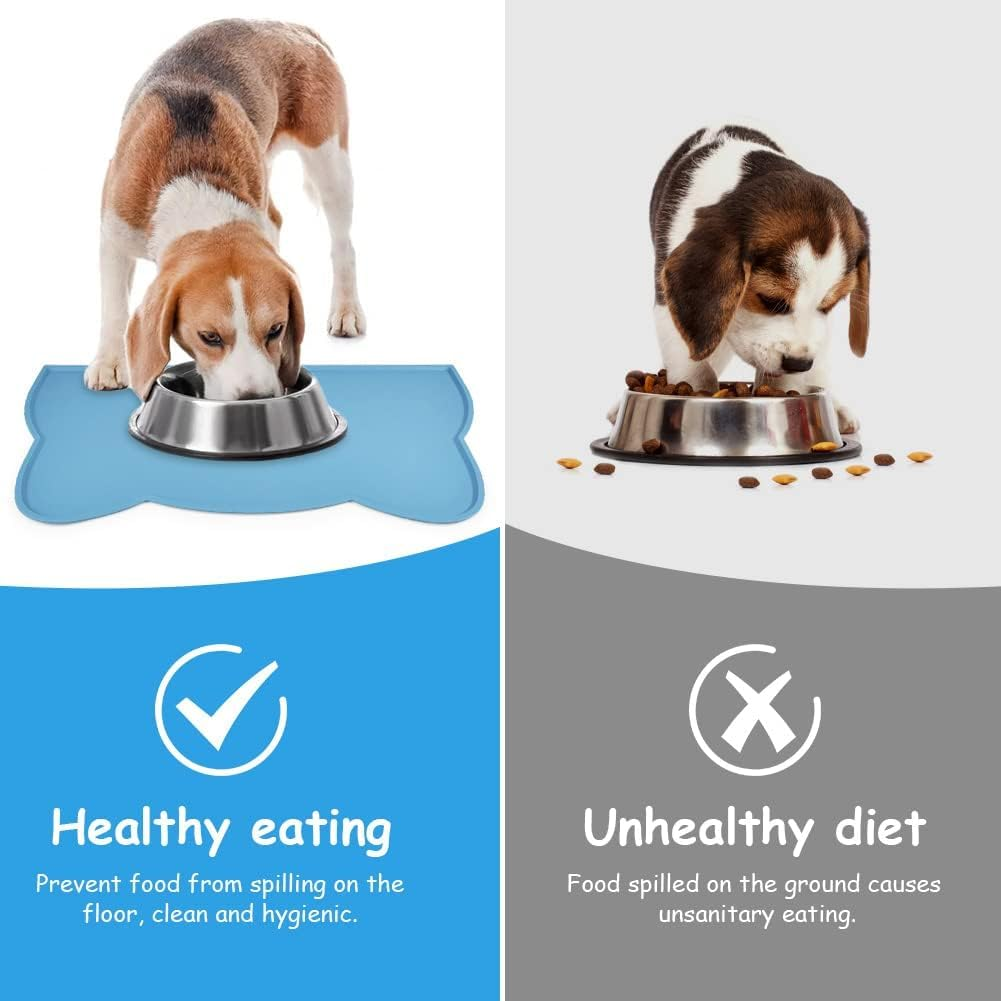 VSSHE Cat Food Mat, Silicone Pet Food Mat for Floor Non-Skid Waterproof Dog Water Bowl Tray Mat Dog Cat Placemat Mat with Raised Edge 18 * 9.8'' Pet Feeding Food for Small Dogs and Cats Blue image number 3