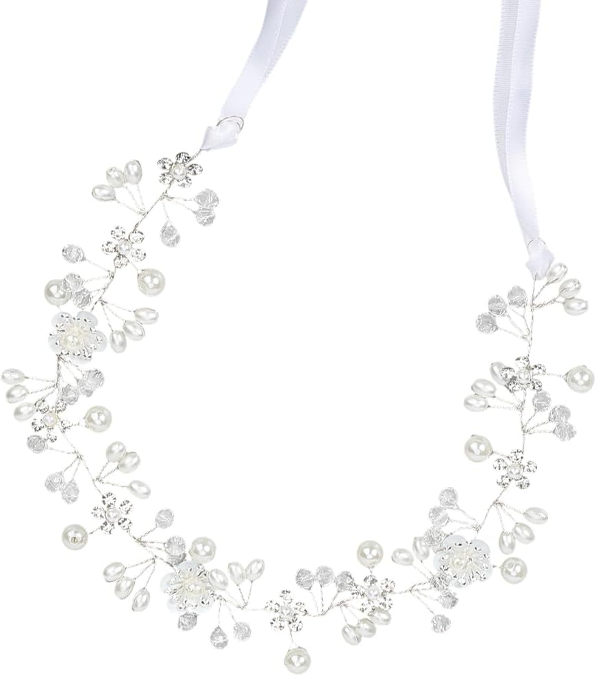 CABODYALS White Flower Pearls Hair Crown Silver Beads Vines Headpiece Vintage Boho Fairy Beads Headband Crystal Bridal Jewellery Headbands for Women Wedding Hair Dresses Birthday Party Accessories image number 4
