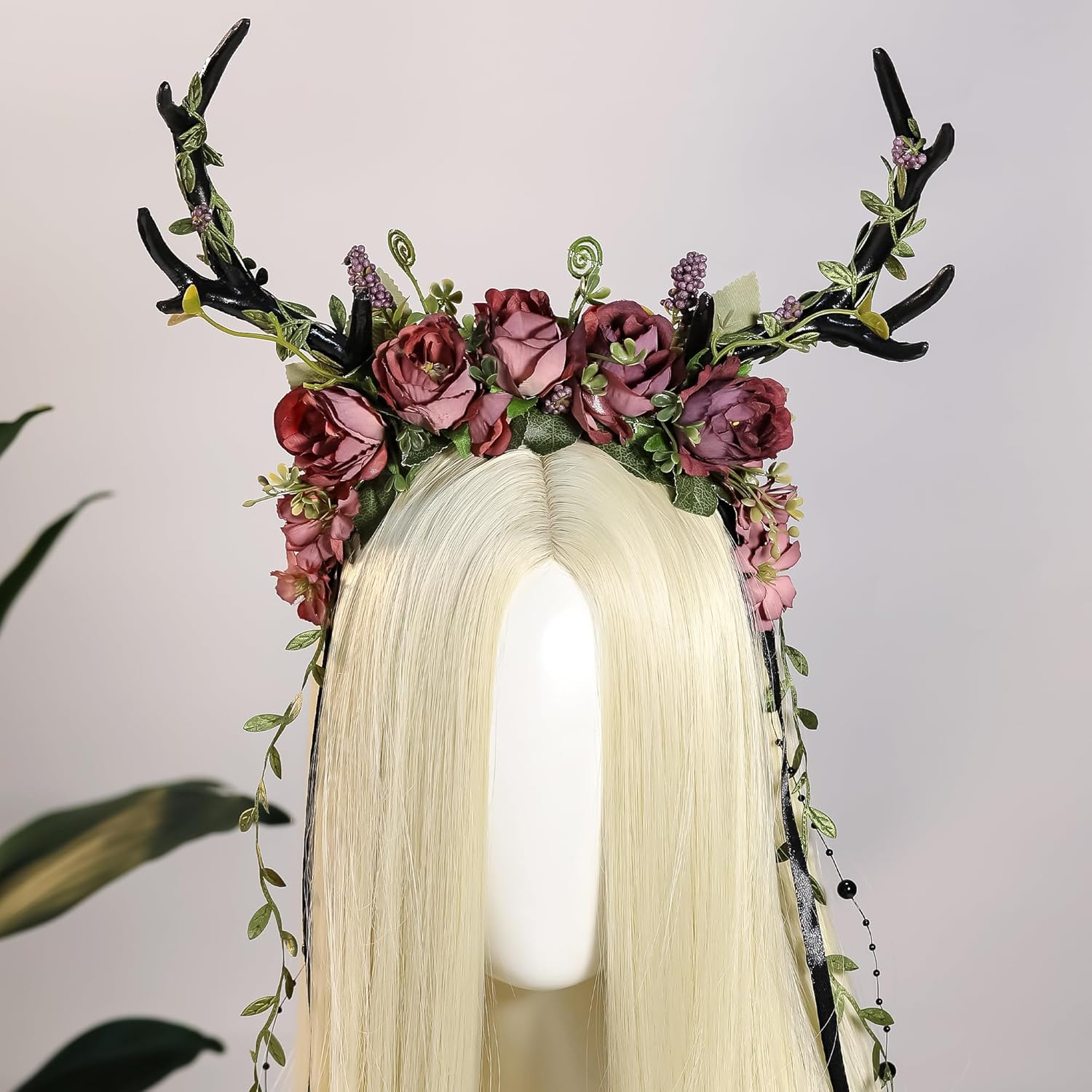 MOSTORY Flower Reindeer Headband for Women - Floral Antler Headpiece Woodland Deer Horns Hairband for Renaissance Cosplay - Black-Red image number 5