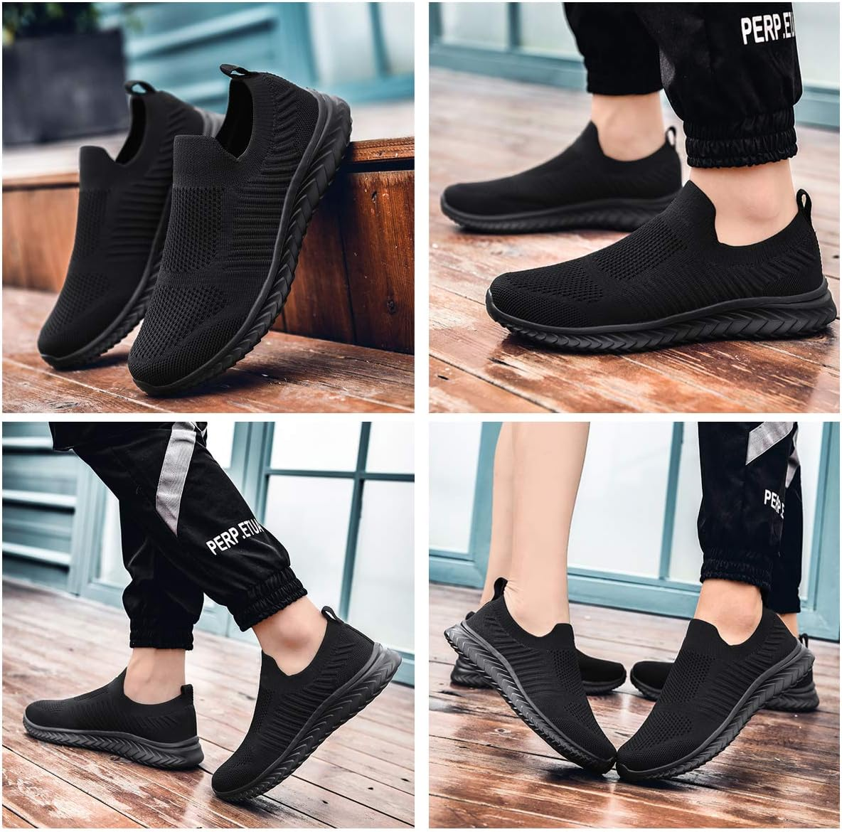 SPRGREEN Mens Laceless Slip - on Mesh Knit Sneakers for Casual Athletic Walking & Running - Lightweight, Comfortable, Breathable, Black, 9.5