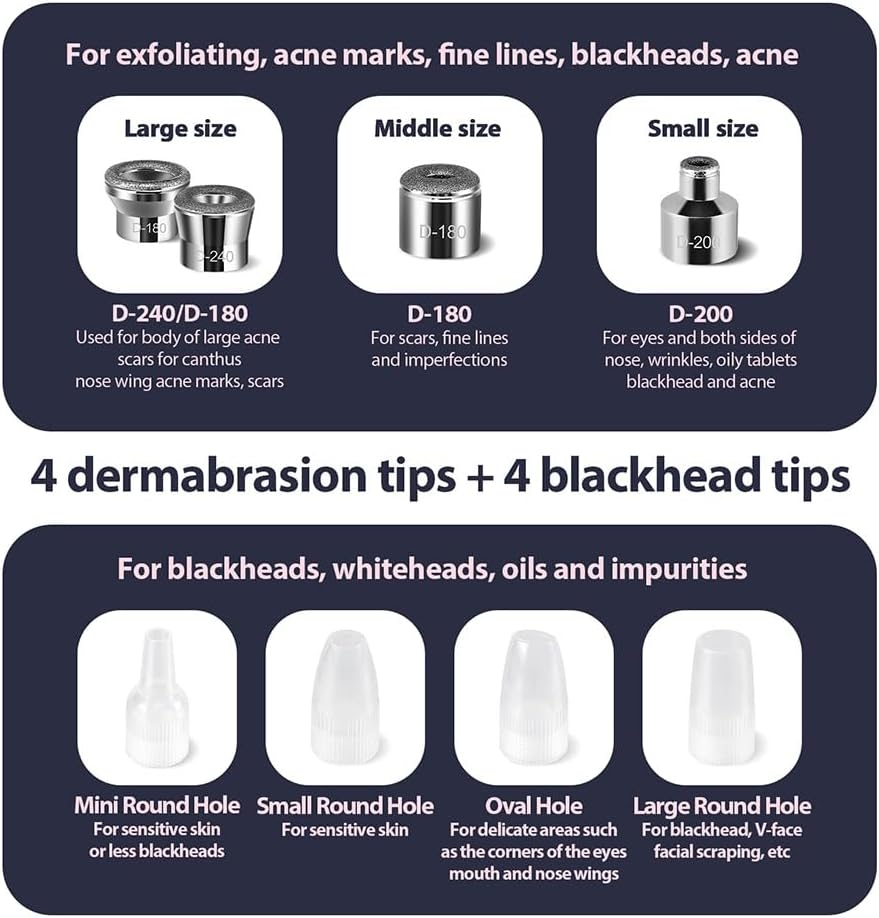 2-IN-1 Diamond Microdermabrasion Machine, Blackhead Remover Portable Diamond Microdermabrasion Machine, Pore Vacuum Peeling Cleaner with 8 Replaceable Suction Heads, Facial Exfoliation Tool(White) image number 5