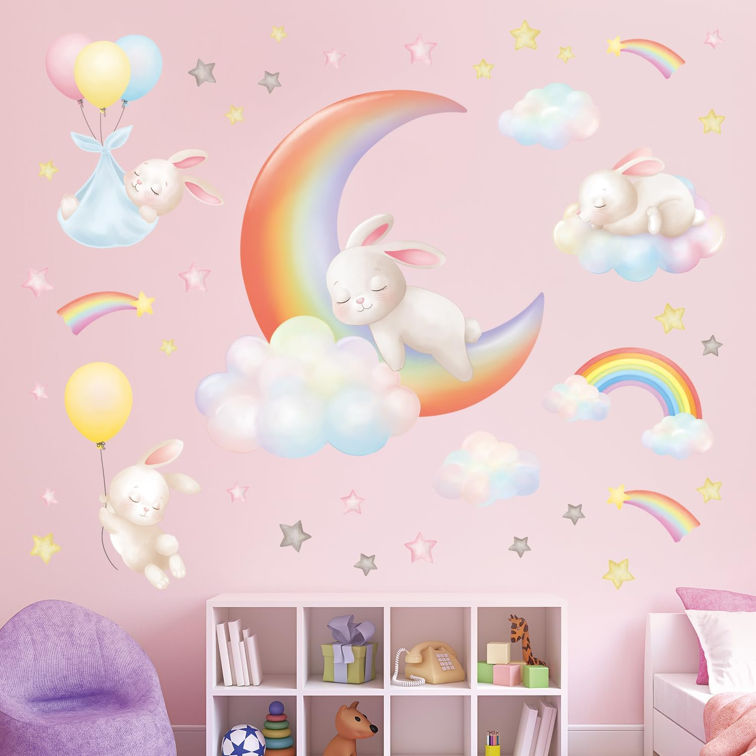 DECOWALL SG2-2313 Rainbow Moon Clouds and Rabbits Wall Stickers Decals Kids Dream Bedroom Star Room Nursery Girls Baby Decorations Girly Balloon Living Playroom image number 2