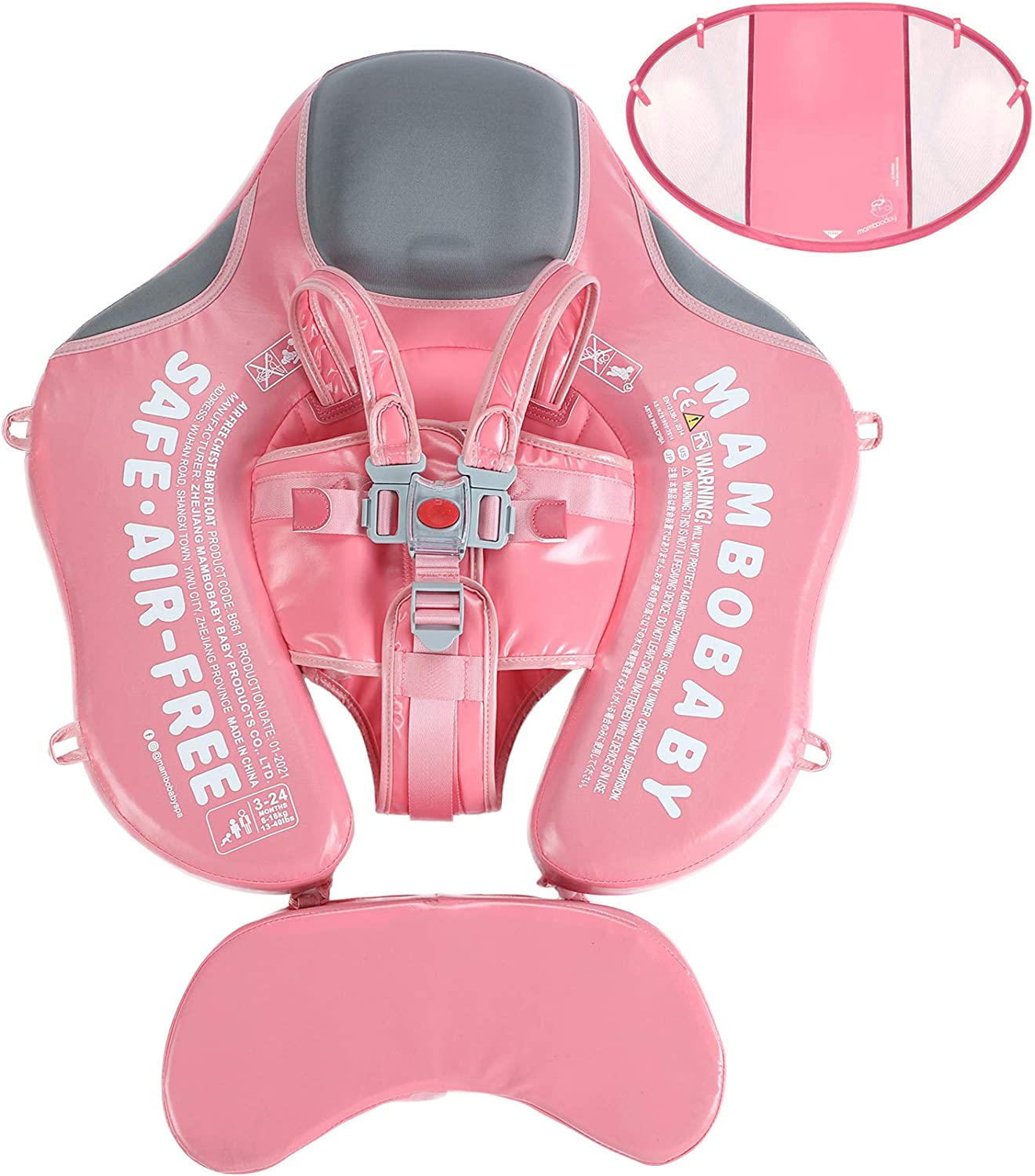 HECCEI Add Tail Newest Mambobaby Baby Swim Float with Canopy Solid Pool Infant Swim Trainer Swimming Training Lying Air Free Water Floats Non-Inflatable Waist Swim Ring for Toddlers (Flamingo) image number 2