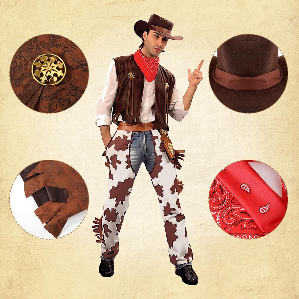 AUTOWT Adult Cowboy Costume, Western Cowboys Men Outfits with Sleeveless Vest, Hat, Neck Scarf One Size for Cosplay Halloween Party Favor Carnival Festival image number 4