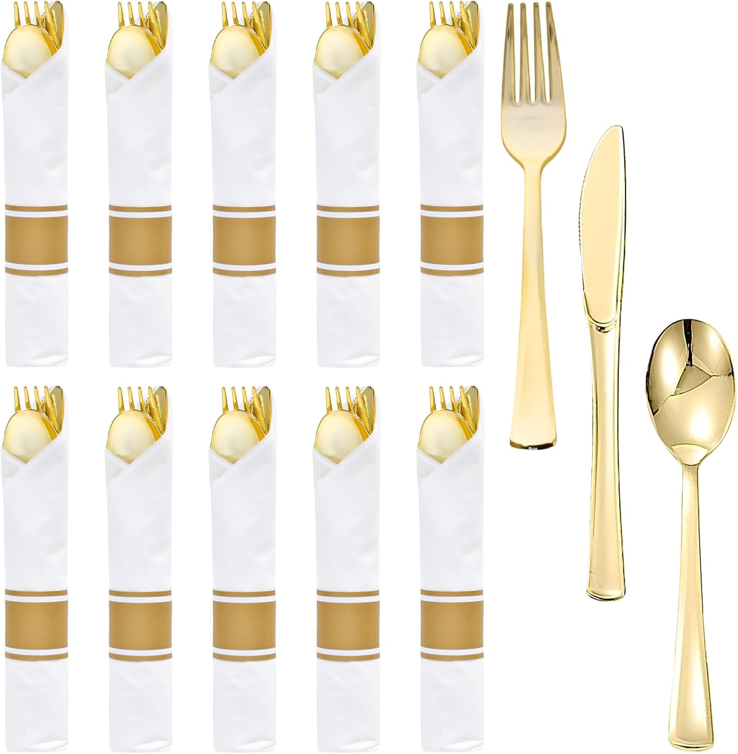 10 Pack Plastic Cutlery Set, Elegant Plastic Silverware Set, Reusable Flatware Set, Tableware Party Cutlery, Camping Cutlery Combo with Spoon Knife Fork Sets Wrapped in White Napkin (Gold) image number 4