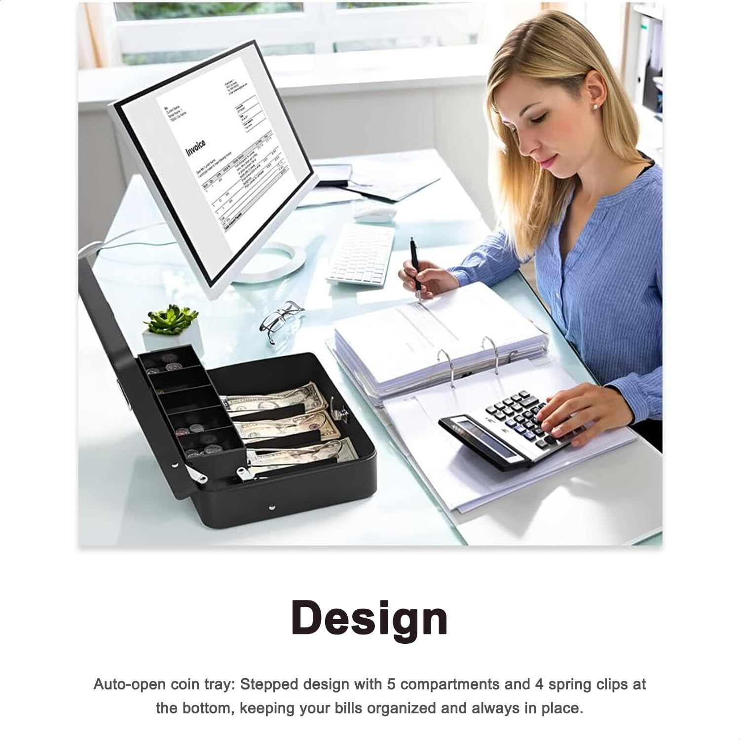 Metal Safe Box with Lock for Bills and Coins, Large Compartments, 2 Keys Included, Secure Locking Mechanism, Practical Spring Clips for Bills image number 6