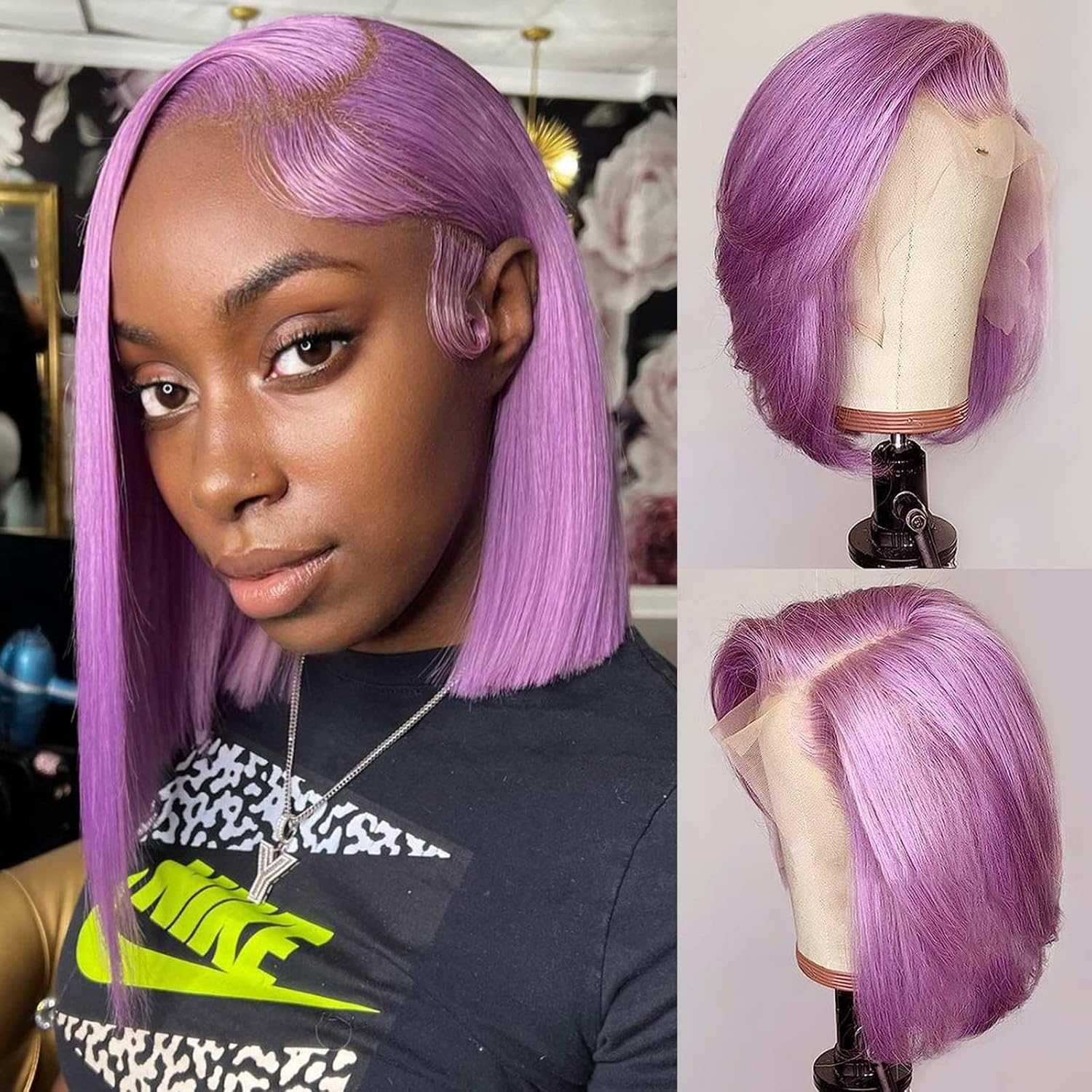 HUIWANYAN Hihmarm Purple Bob Wig Human Hair Glueless Pre Plucked 13X4 HD Lace Front Wig 180% Density Short Bob Wig for Black Women 16 Inch image number 2