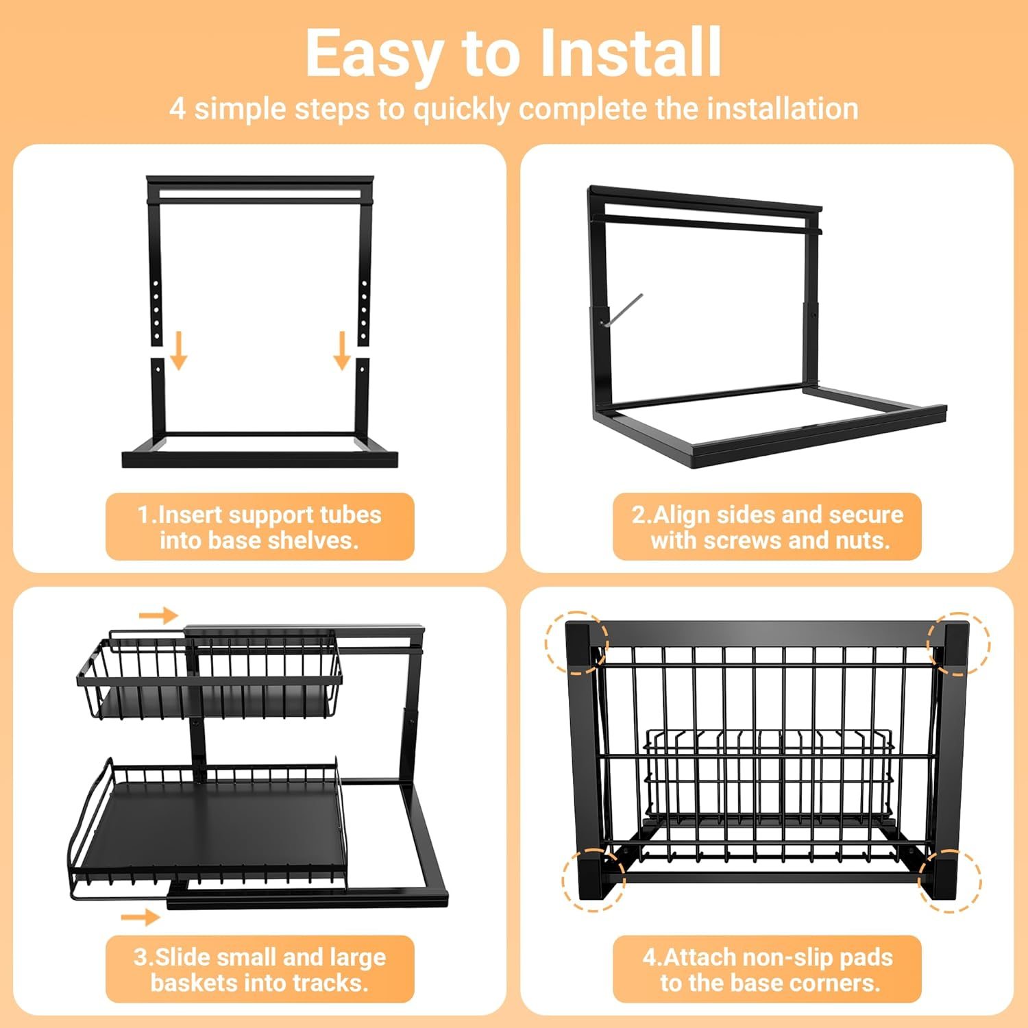 Acemining under Sink Organizer, 2 Pack Pull-Out under Cabinet Organizer, 2 Tier under Sink Storage with Sliding Basket, L-Shaped and Adjustable Height Design for Kitchen and Bathroom image number 6