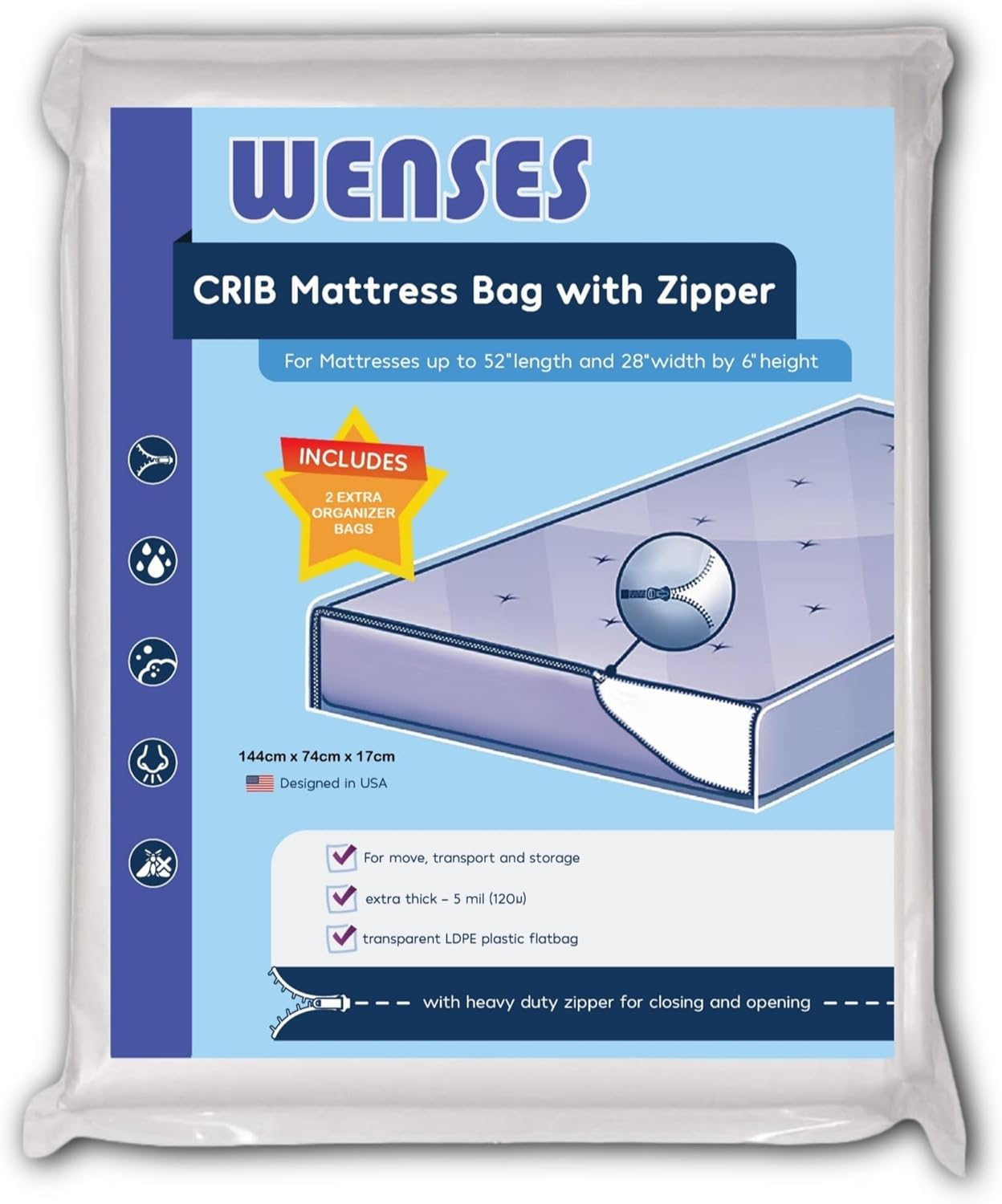 Wenses Crib Mattress Storage Bag with Zipper, 5 Mil Clear Plastic Cover for Moving, Includes Accessory Bags image number 3