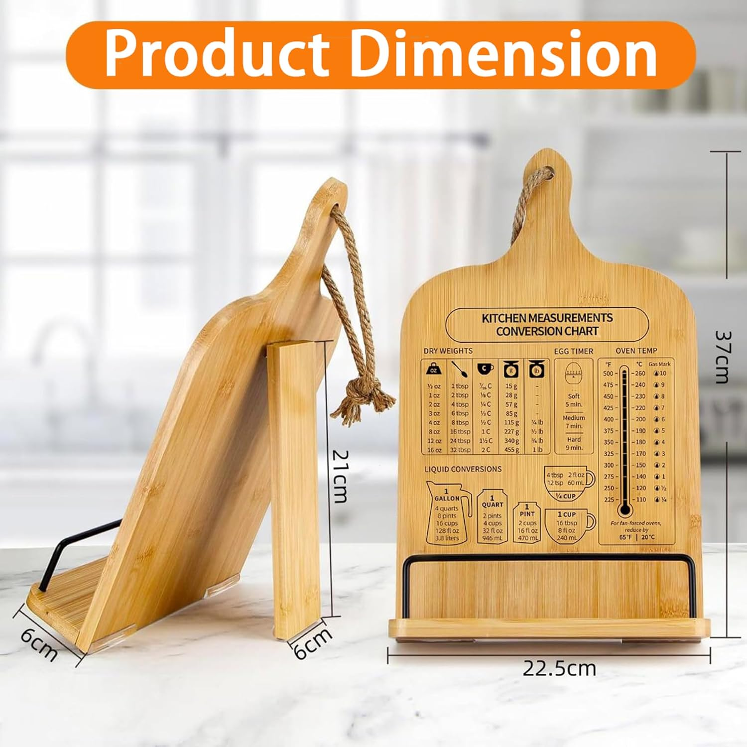 FORYUSE Cookbook Stand Wooden Recipe Book Holder with Measurement Conversion Chart Adjustable Rustic Cook Book Stand for Kitchen Counter
