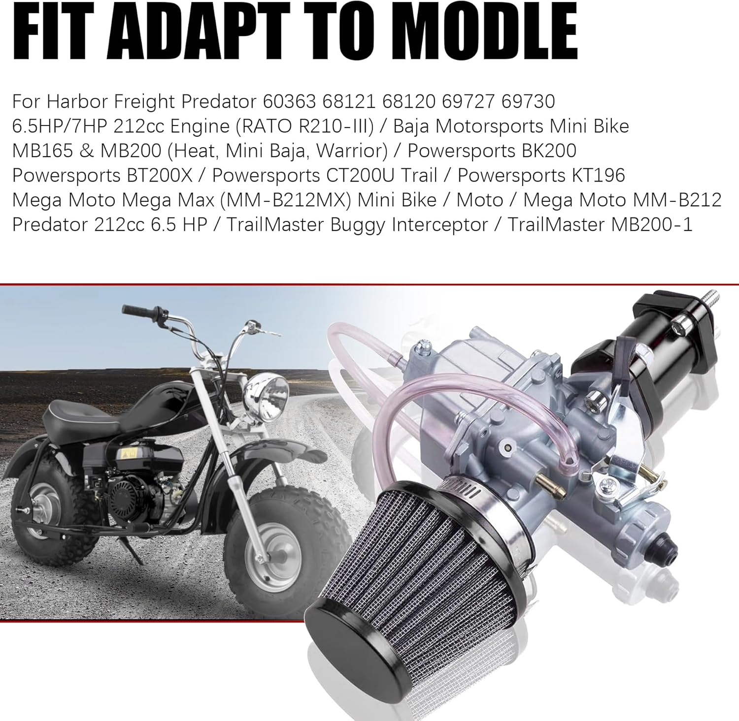 VM22 26Mm Carburetor Carb Kit Fit for Performance Intake Pipe Mainfold Air Filter Fit for Predator 212Cc GX160 Honda GX200 CT200U 196Cc KT196 Clones Moto Go Kart Mini Bike Race Kart (Black) - Black image number 2