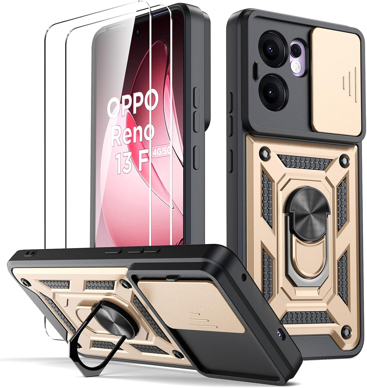 Oududianzi - Case for Oppo Reno 13 F 4G/5G Mobile Phone Case, [Pack of 2 Screen Protectors] with Sliding Camera Cover, Rotating Finger Ring Stand, Shockproof, Scratch-Resistant Protective Case - Blue