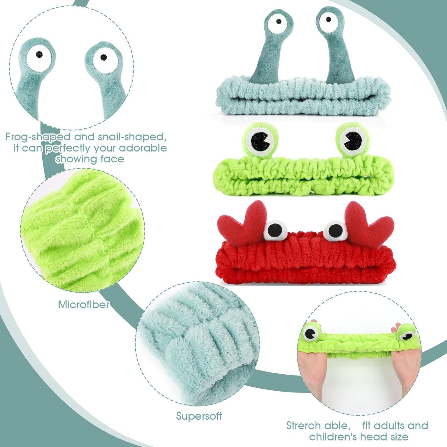 3PCS Face Wash Headband Snail Frog Crab Spa Hair Bands Women Soft Cute Cartoon Coral Fleece Elastic Headband Head Wraps for Face Wash Makeup Beauty Skincare Sport Shower Creative Hair Accessories image number 4