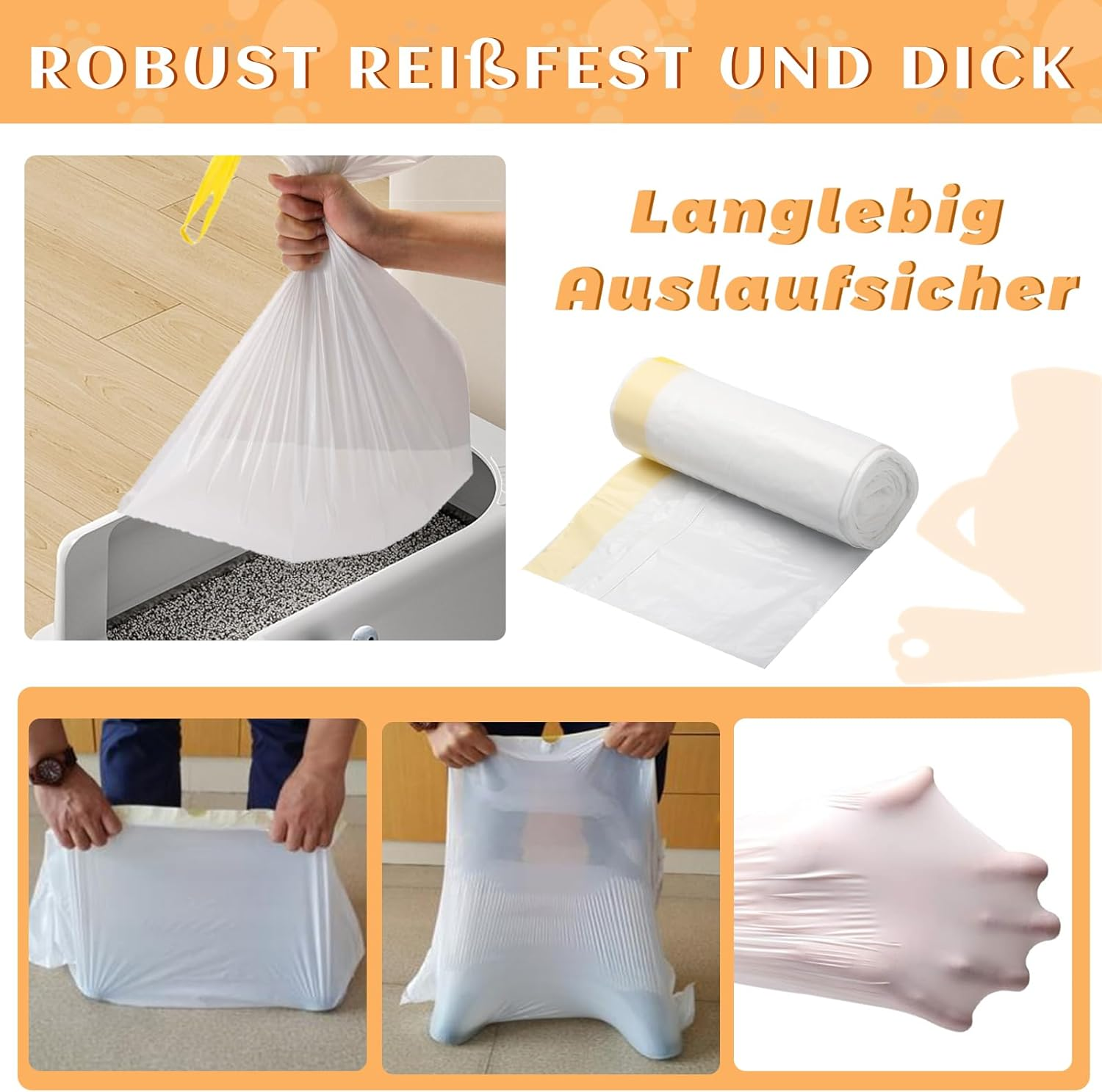 Cat Litter Tray Bags with Drawstrings, 3 Rolls X 60 Pieces Cat Litter Bag Bin Bags with Carry Handle, Durable Tear-Resistant Cat Litter Bag, Self-Cleaning Cat Litter Box Bin Liners, 58 X 35 Cm image number 5