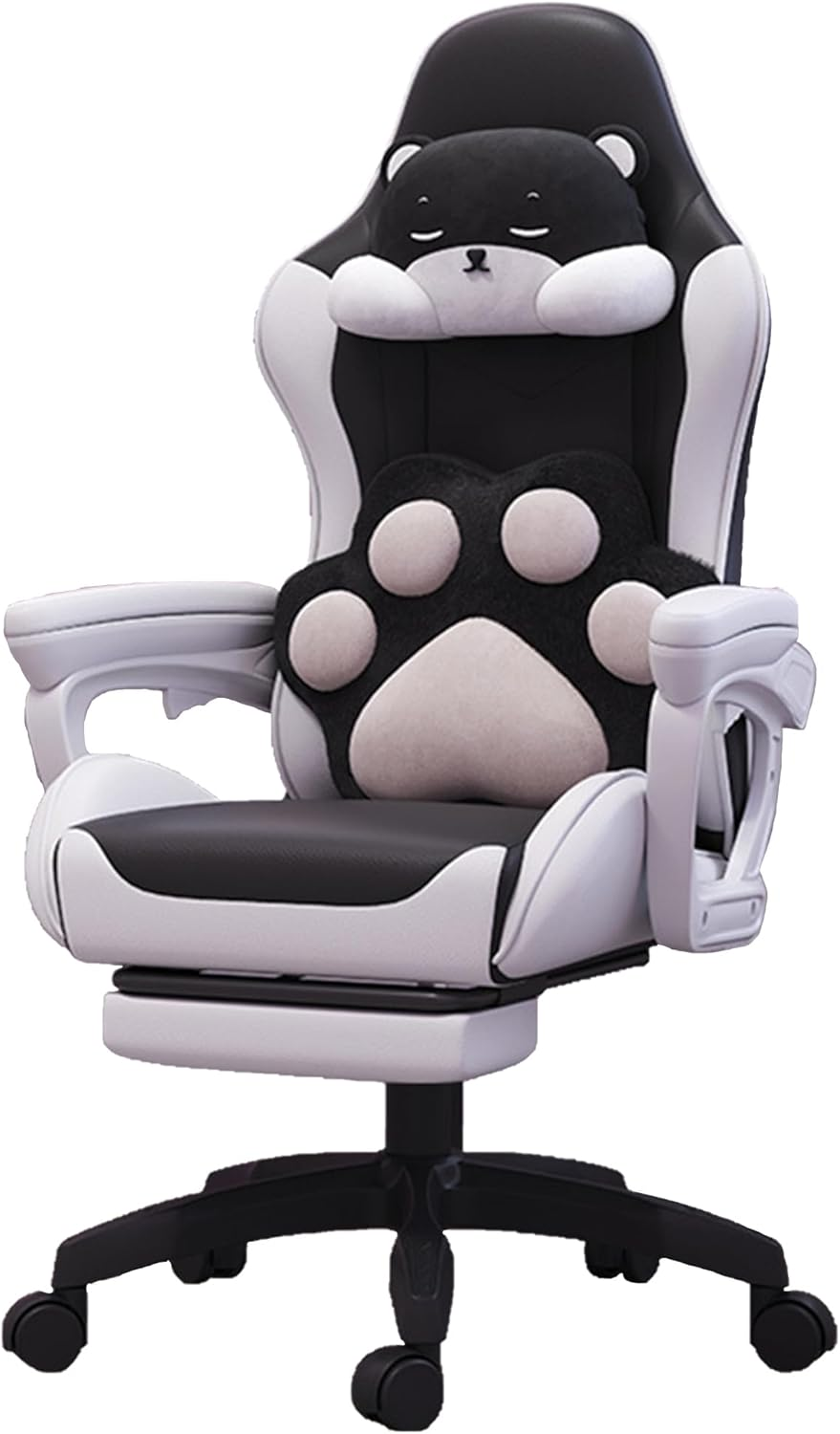 Blissfuldestiny Kawaii Gaming Chair with Retractable Footrest, Pink and White Bear Design, 120 X 70 X 52 Cm (Faux Leather, Black)
