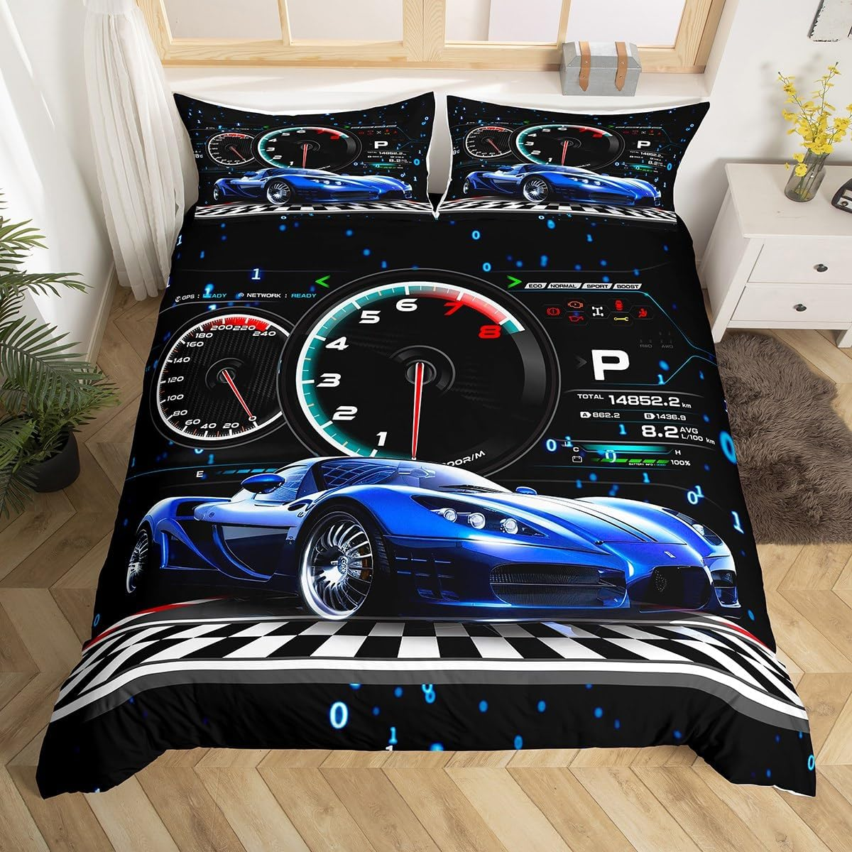 Homemissing Racing Car Duvet Cover Set, Blue, Racing Car Bedding Set, 135 X 200 Cm, for Boys and Girls, Racing Car Bed Set, Speed Sports Car Duvet Cover, Decorative (No Comforter) image number 2