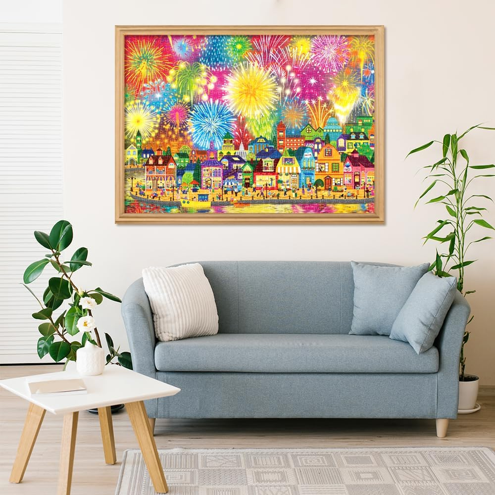 Fireworks Jigsaw Puzzles for Adults 1000 Pieces Fireworks Celebration Puzzles for Decoration Colourful 1000 Pcs Celebration Town Jigsaw Puzzles for Adults, 27.5 X 19.7 Inch image number 5