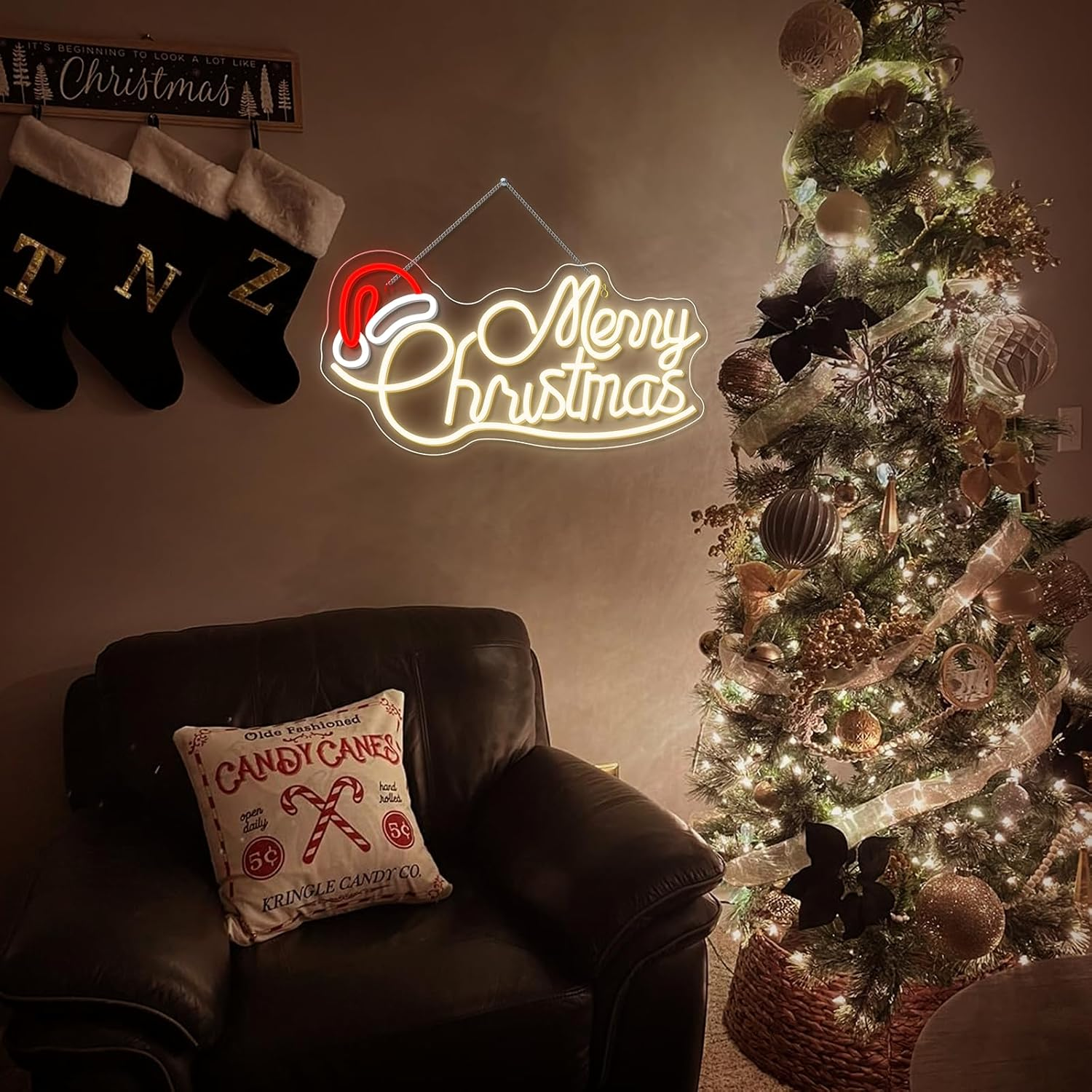 SIGNSHIP Merry Christmas Hat Neon Sign Letter Merry Christmas Hat LED Sign LED Lettering with Dimmable Switch Light Signs for Wall Decor Christmas Party Bedroom New Year Party Shop