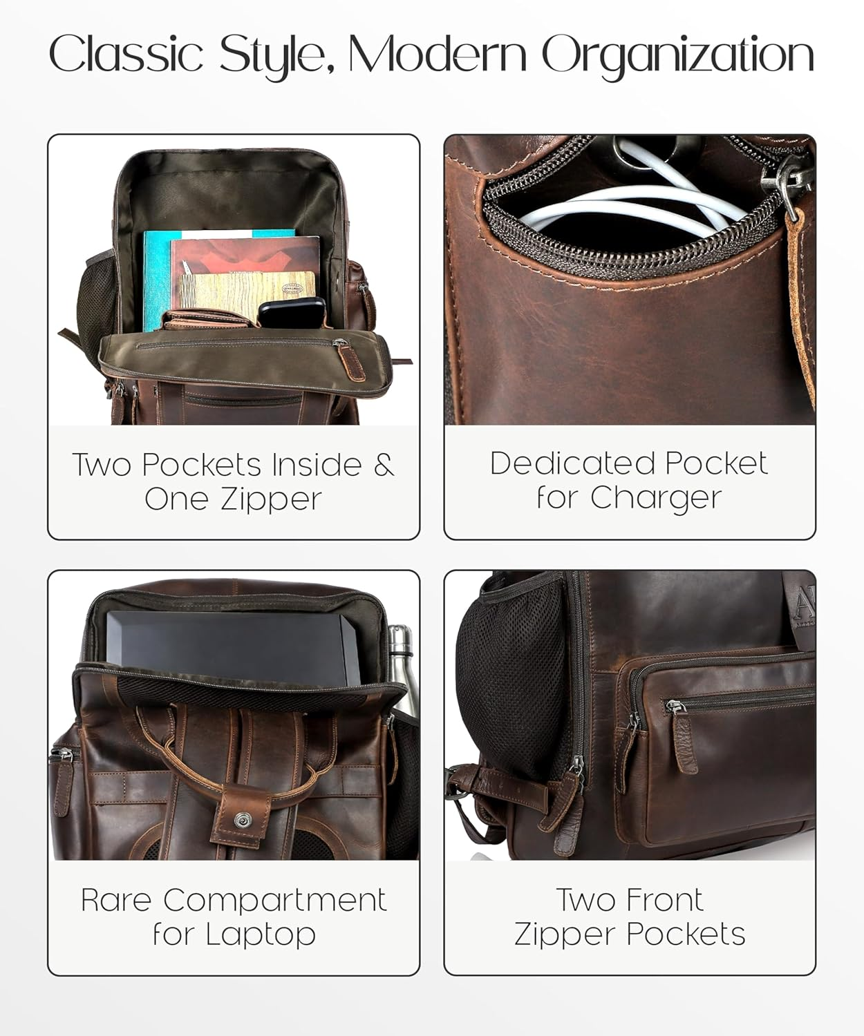 Access Denied Leather Laptop Backpack Outer Pocket Fits 16" Laptop Genuine Leather Backpack for Men image number 3