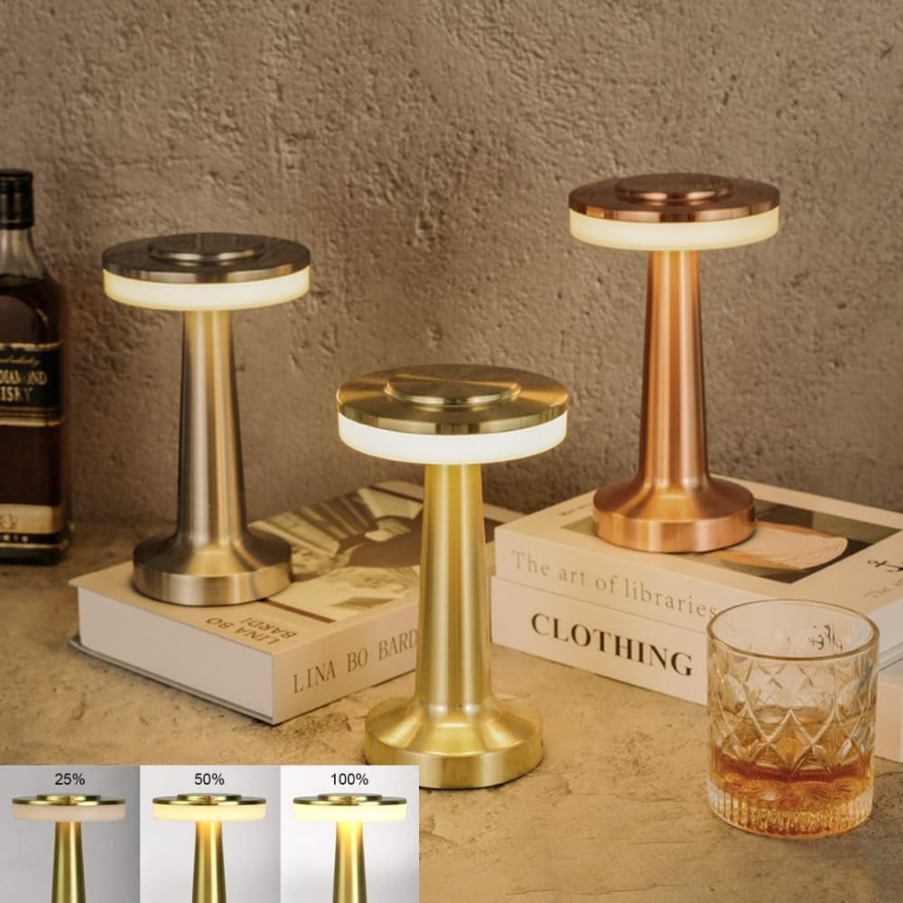 LED Rechargeable Portable Cordless Table Lamp with 3-Levels Brightness,Touch Lamp,Nightstand Lamp,Bedside Lamp for Indoor Outdoor Restaurant Bar Coffee Shop(Gold-Cap), HJ-JS001