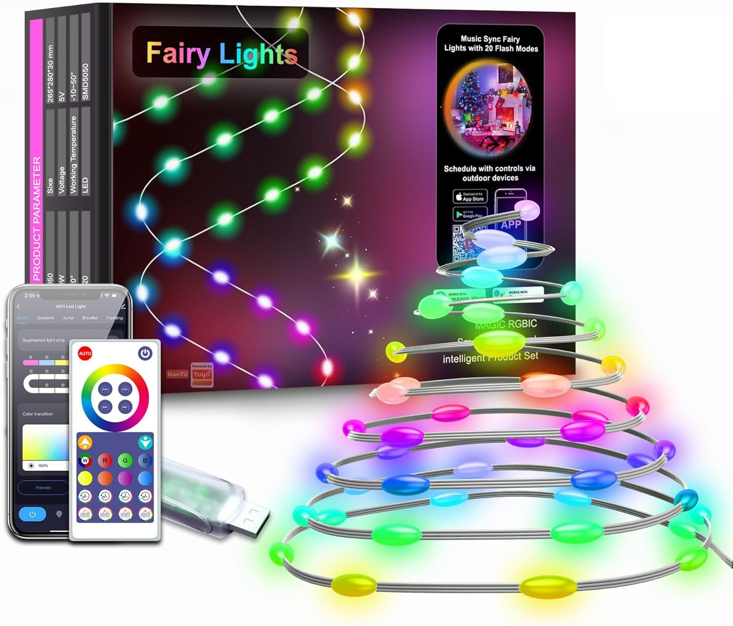 Uantii Smart Light String Tuya Wifi LED Fairy String Lights RGBIC Dream Colour Music Sync Timing Schedule Waterproof,App and Voice Control Compatible with Alexa Works with Google Home (20M) image number 1
