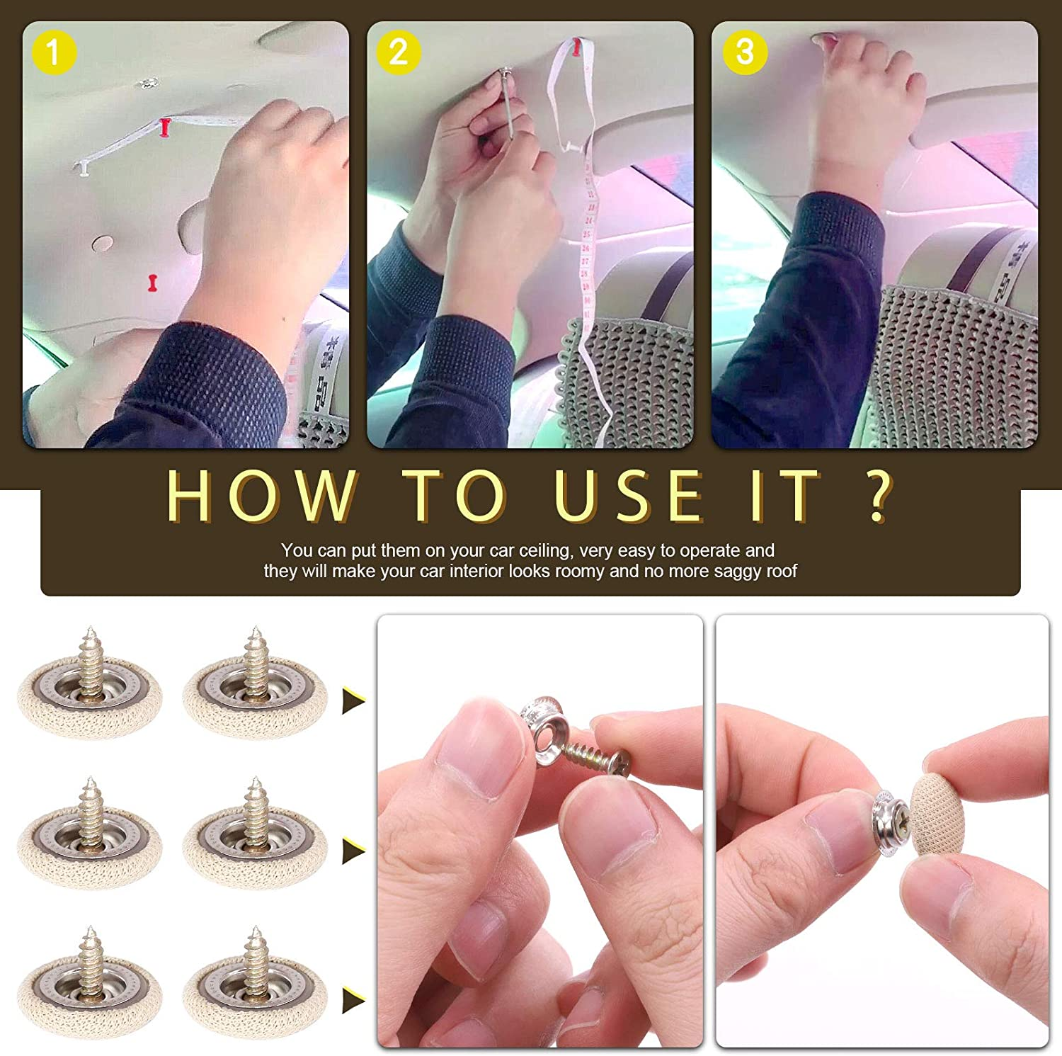 152Pcs Car Headliner Repair Kit with Headliner Repair Button Auto Roof Repair Snap Rivets and Installation Tool for Fixing Car Interior Ceiling Sagging Headliner for All Cars (Beige) image number 5