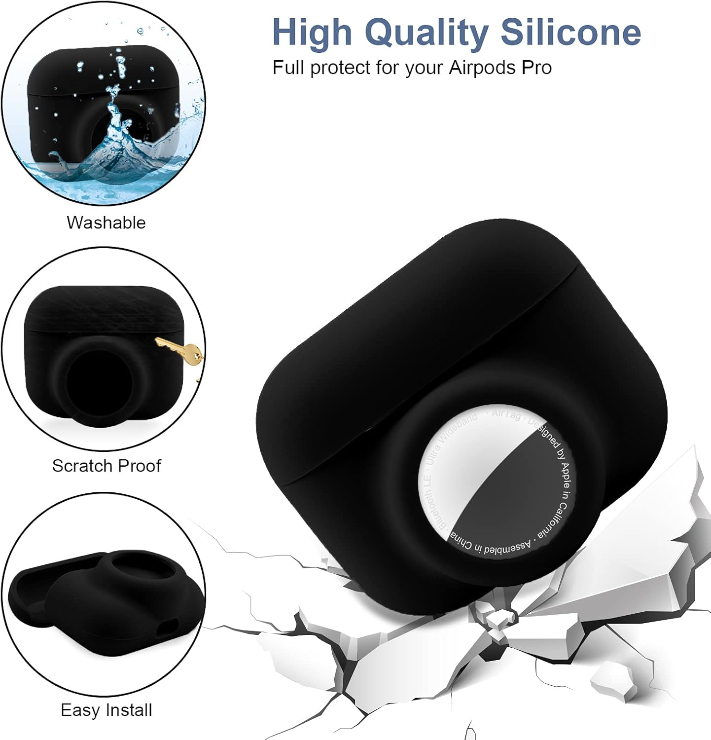 2 in 1 Protective Case for Apple Airpods Pro Air Tag Holder Combo, Soft Silicone Airpods Pro Airtag Case with 2 PCS Screen Protector, Anti-Scratch Anti-Fall Anti-Lost Shockproof Durable(Black) image number 3