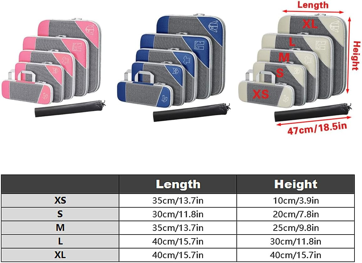 AIMALL 6-Pack Travel Storage Bags for Luggage Organizer, Compression Packing Cubes with Handles, Waterproof Nylon Mesh Laundry Bags for Travel Accessories